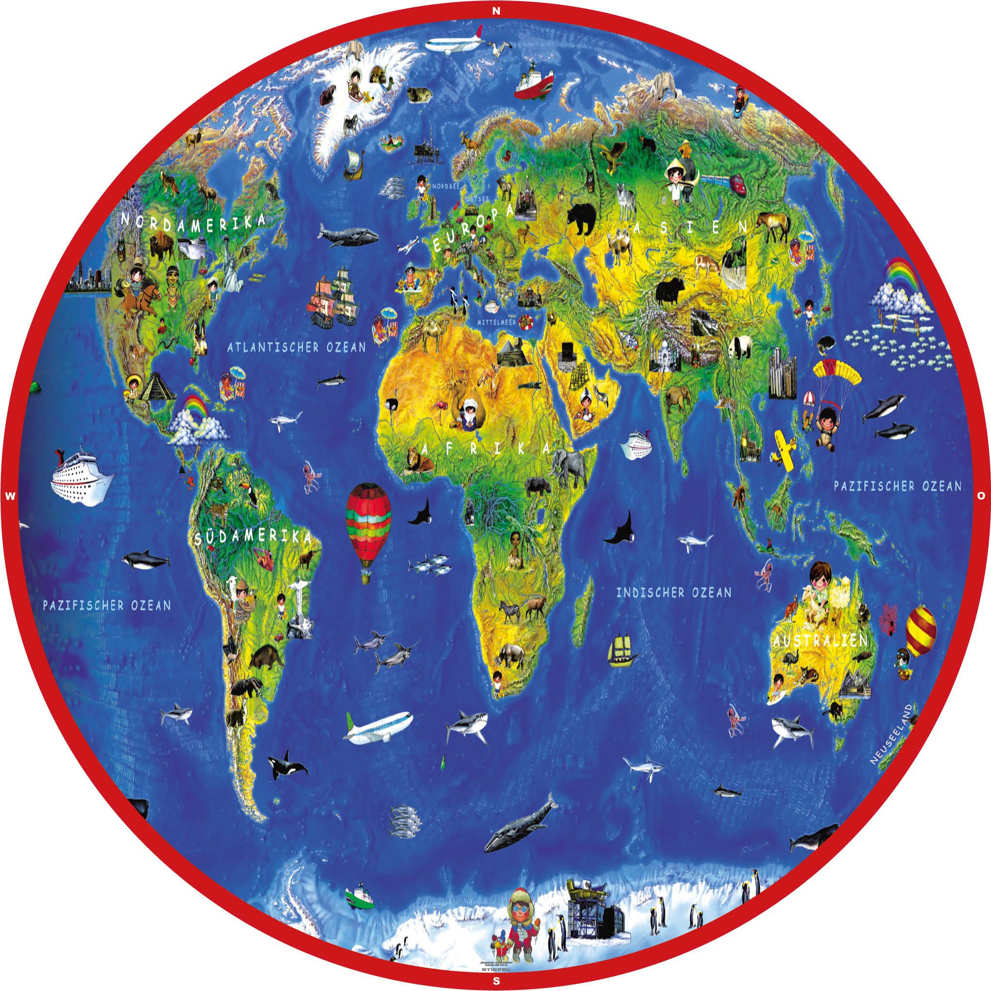 STIEFEL Tischdecke Stoffdecke "Kinderweltkarte", ca. ⌀ 150 cm, Digitaldruck, knitterarm, kindgerechtes Motiv