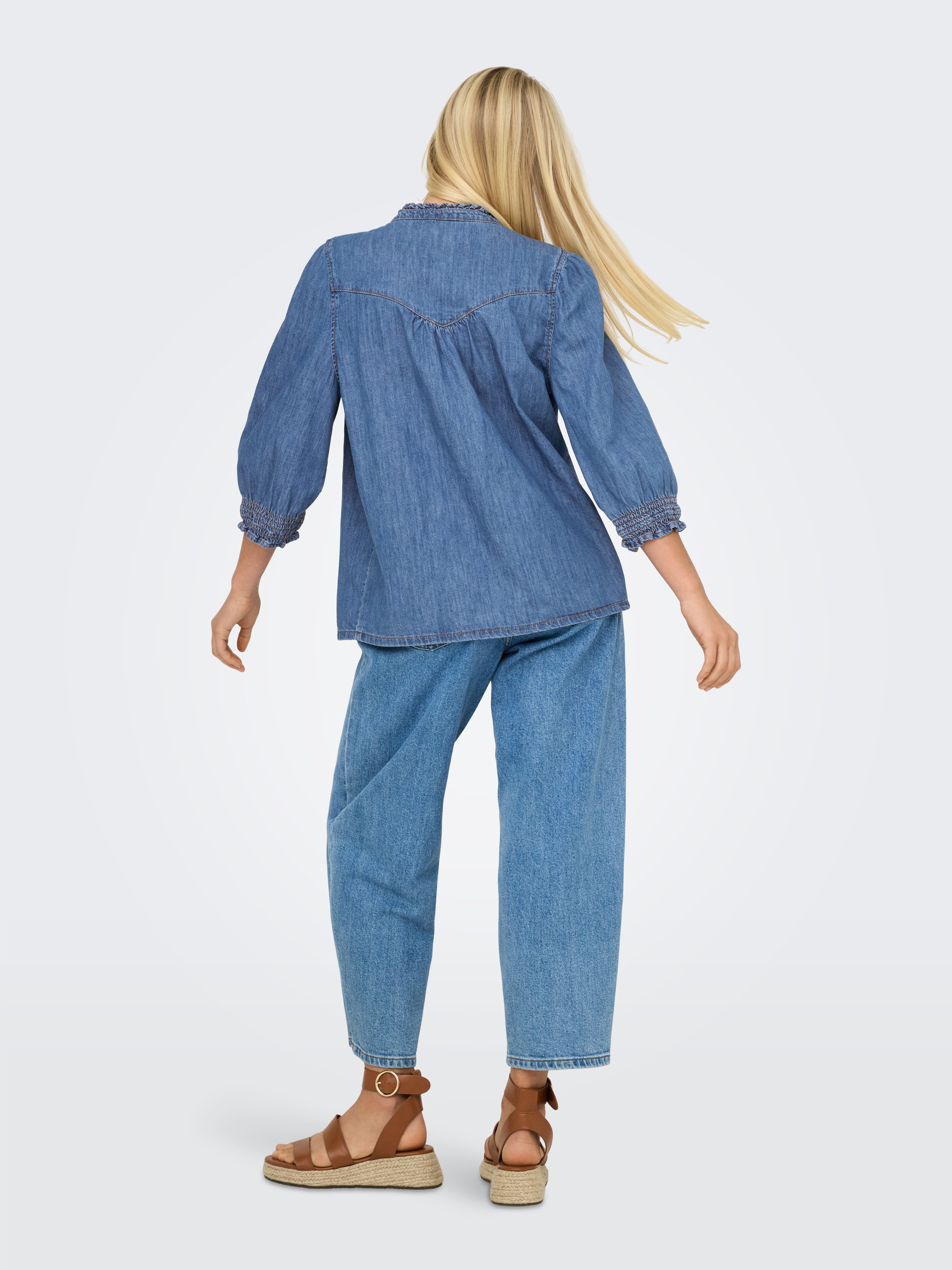 ONLY Jeansbluse ONLRAYA 3/4 SHIRT DNM AKM NOOS mit Rüschenkragen