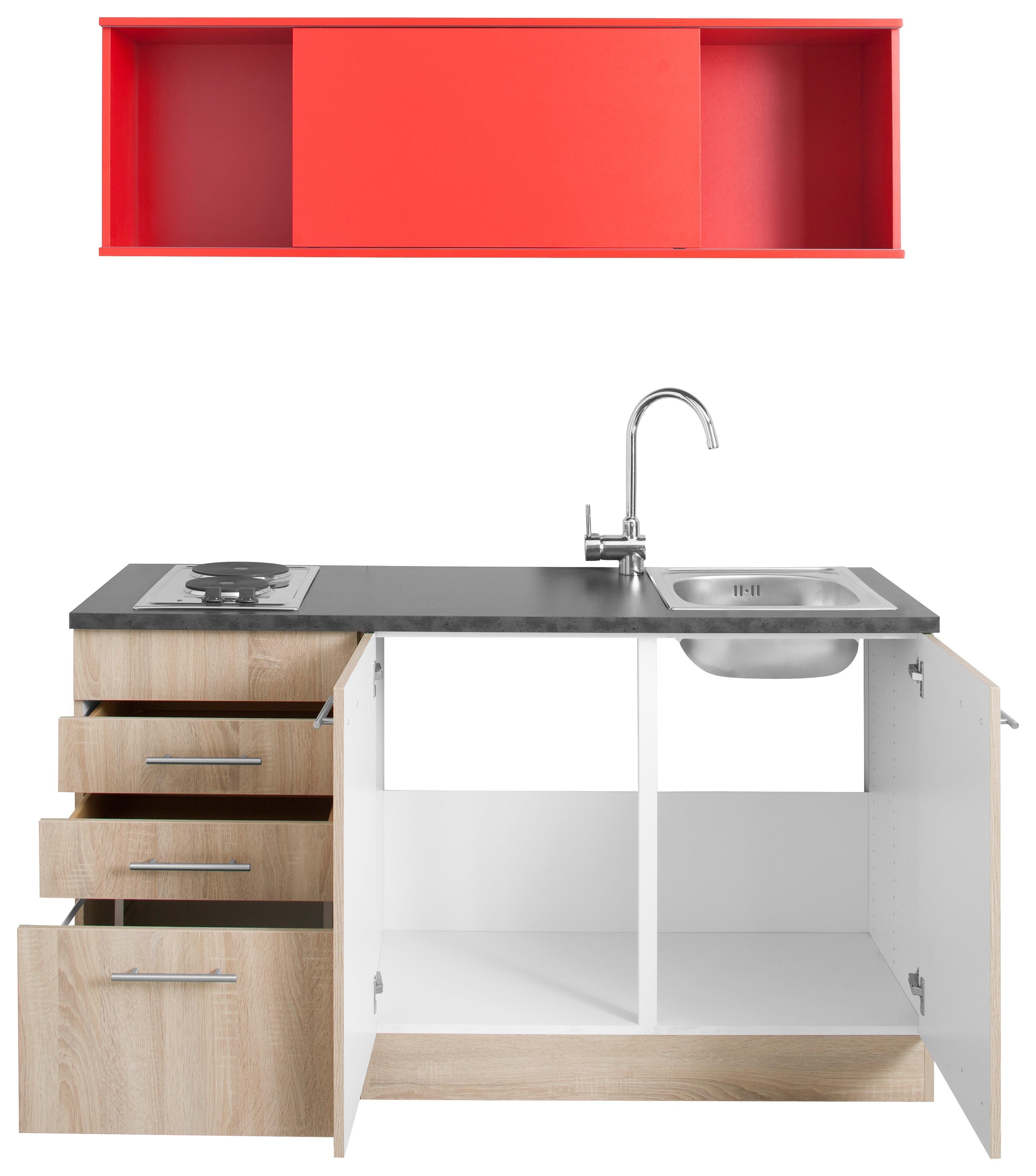 OPTIFIT Küchenzeile Mini, mit E-Geräten, eichefarben 150 cm Breite eichefarben/rot/anthrazit 