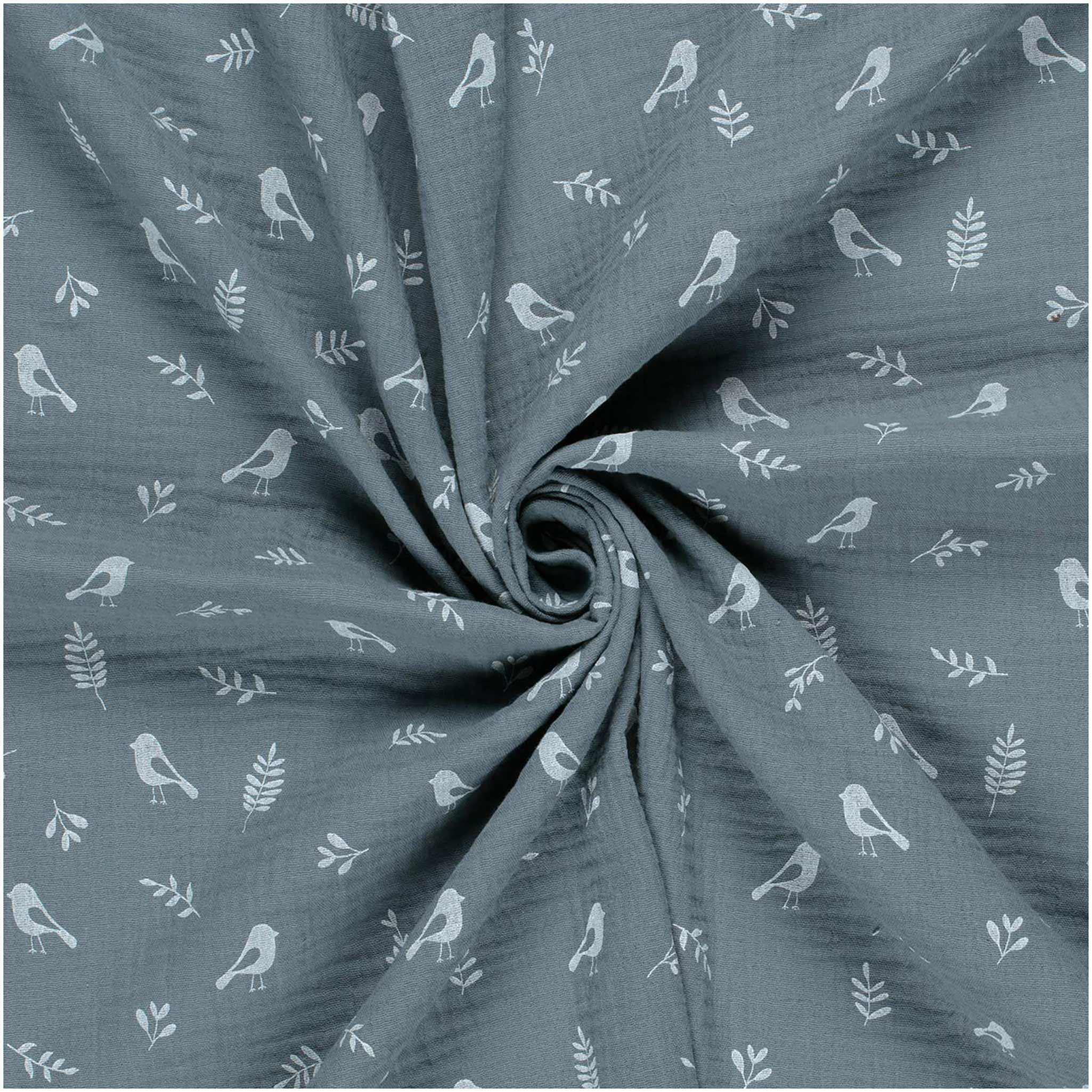 maDDma Stoff Musselin-Stoff bedruckte Vögel ab 50x130cm uni Mulltuch, 106 - graublau