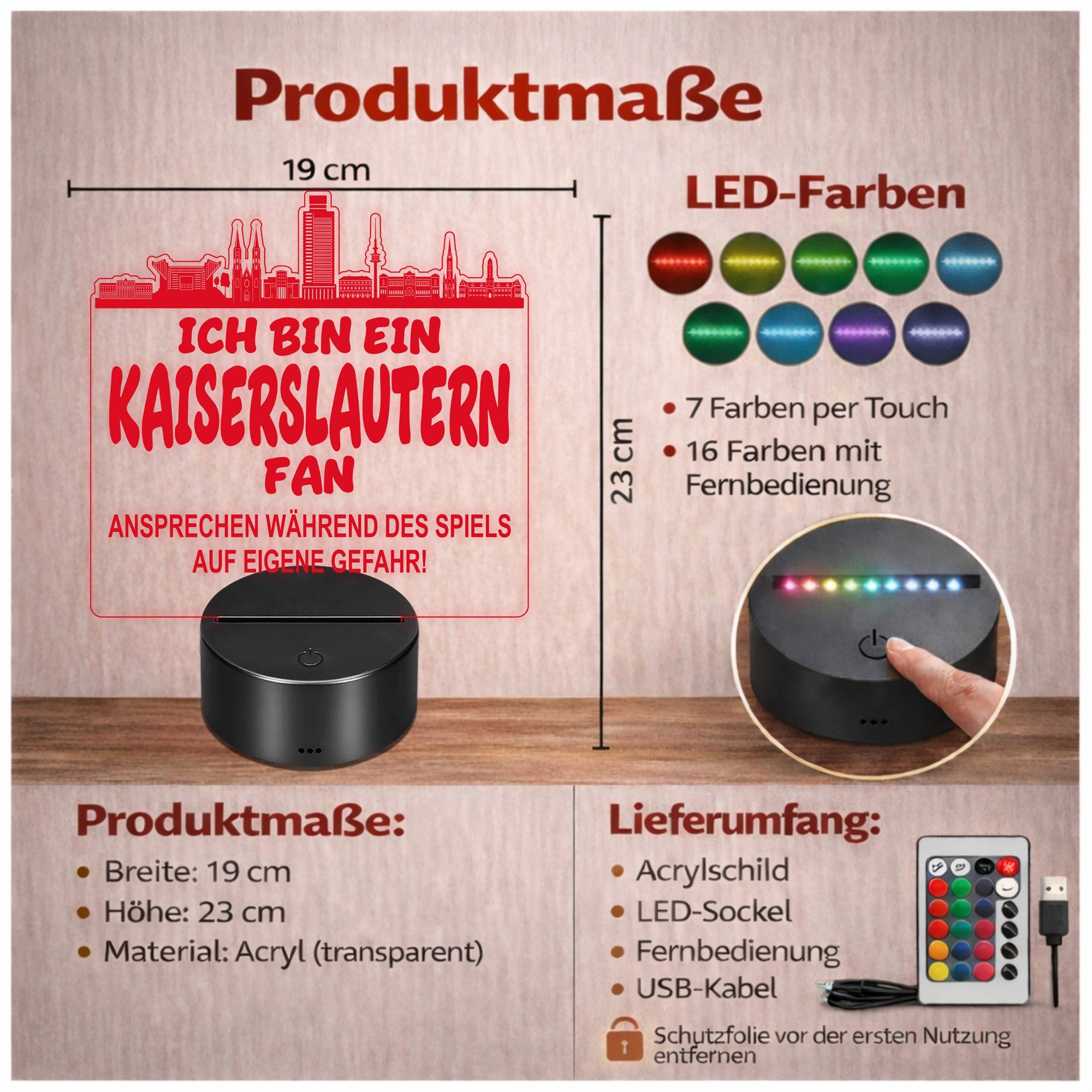 Lieblingsmensch LED Nachtlicht Fußball - Ich bin ein Kaiserslautern Fan - Ansprechen auf eigene Gefah, LED fest integriert, Farbwechsel oder feste Farbe mit Fernbedienung & Touch, Man Cave Stimmungslicht – 19x23cm