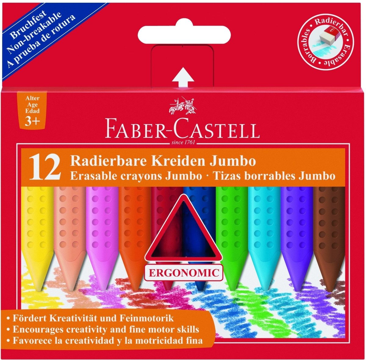 Faber-Castell Maltuch Radierbare Kreide Jumbo ergonomische Dreikantform 12 Kreiden farbig im