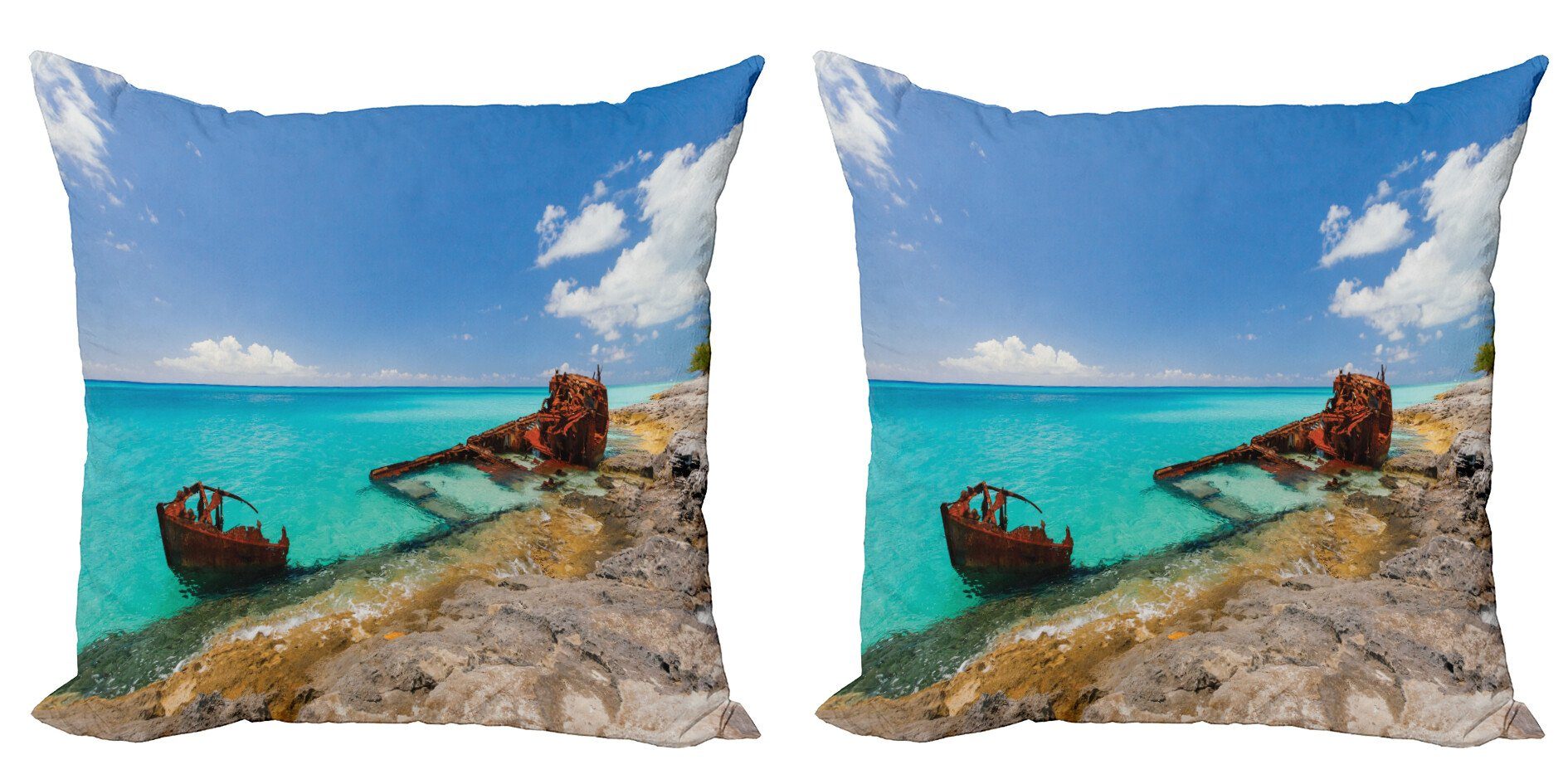 Kissenbezüge Modern Accent Doppelseitiger Digitaldruck, Abakuhaus (2 Stück), Nautisch Schiffswrack auf Strand