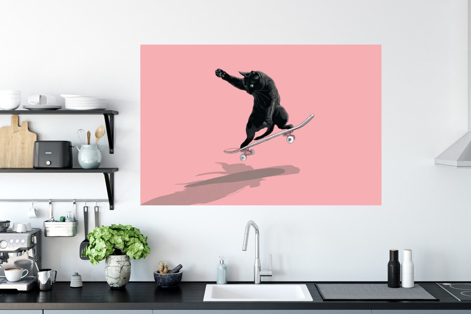 MuchoWow Wandsticker Katze - Skateboard - Rosa (1 St), Wanddeko, Aufkleber, Wandtattoo, 120x80 cm