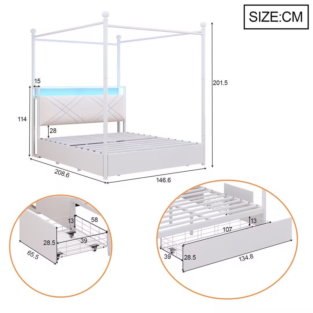 Celya Himmelbett Multifunktionales Doppelbett Jugendbett (ohne Matratze, mit abnehmbaren Bettpfosten mit LED, USB undType-C, mit Stauraum), ideal für moderne Schlafzimmer, Jugendzimmer oder kompakte Wohnungen