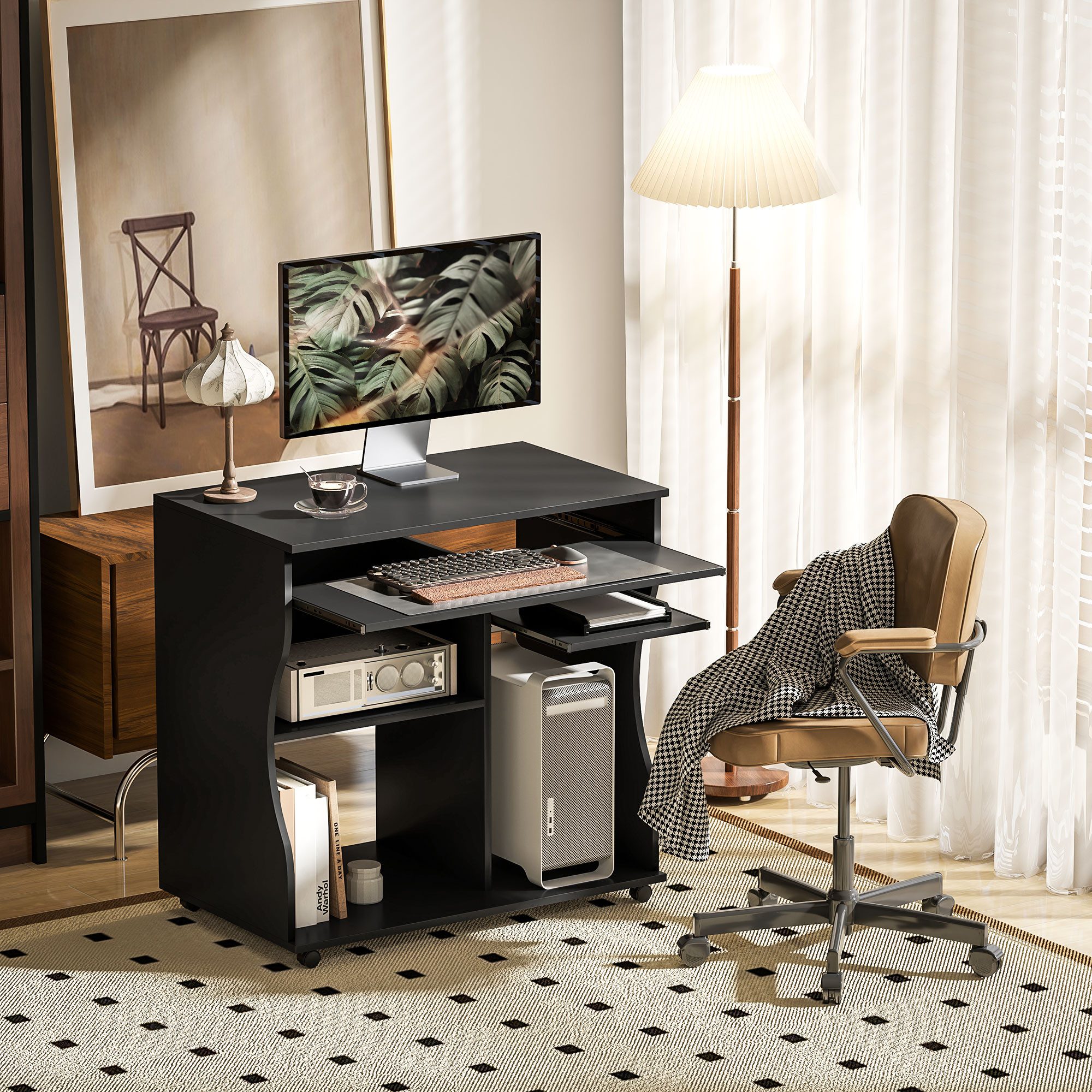 HOMCOM Schreibtisch Bürotisch mit Monitorständer, Tastaturablage (Schreibtisch, 1-St., PC Tisch), Schwarz 80 x 48 x 75 cm