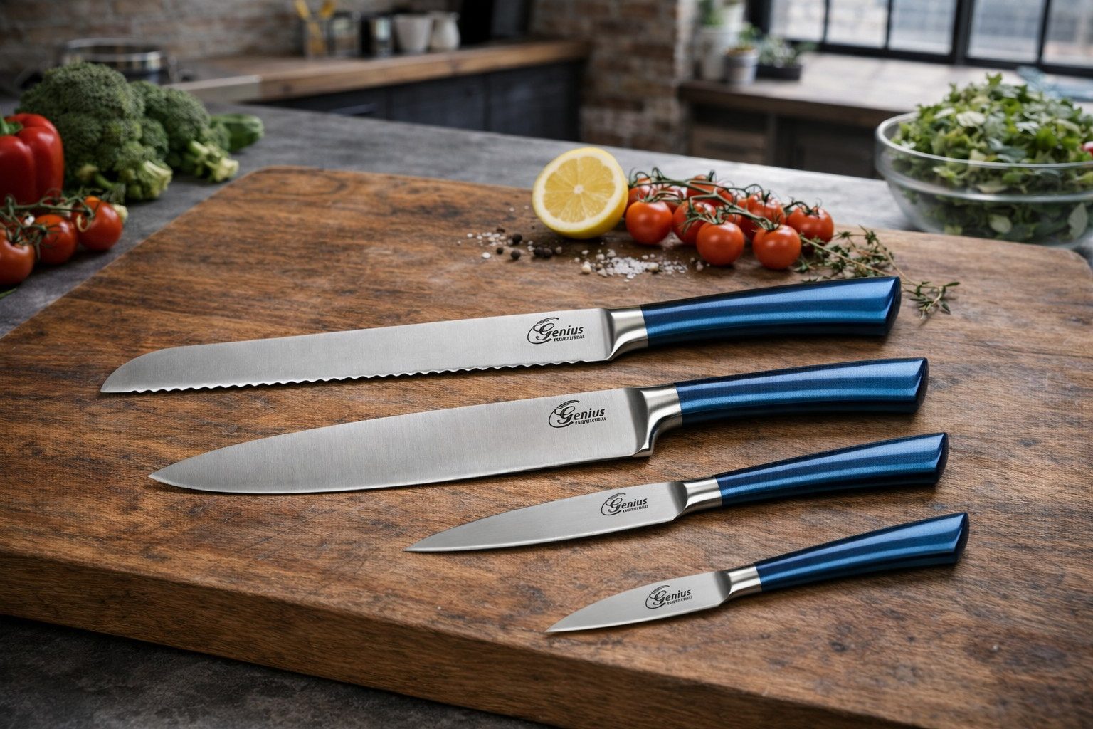 Genius Messerblock Genius Profi Messer-Set 4-tlg. Blau Edelstahl Küchenmesser Kochmesser