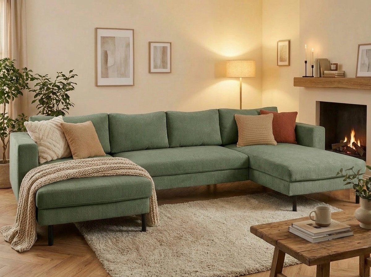 TRENDMANUFAKTUR Wohnlandschaft Amazing II, wahlw. mit Schlaffunktion & Bettkasten, Fuß schwarz, Sofa in U-Form, in Cord, Struktur LEO o. Struktur LINO, Breite 305 cm