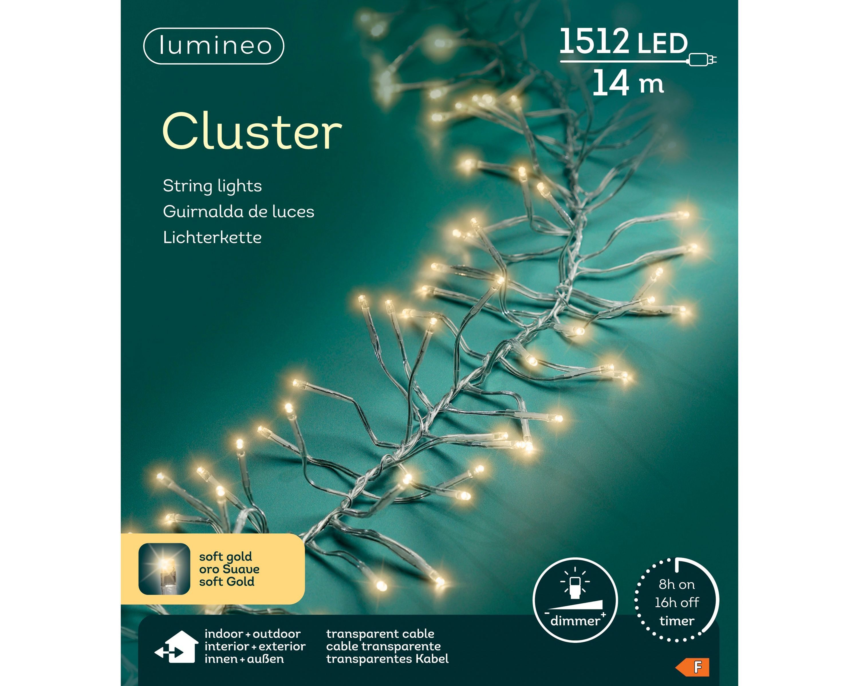 Lumineo LED-Lichterkette Lumineo Lichterkette CLUSTER 1512 LED 14 m Soft Gold, transp. Kabel, Indoor/Outdoor, dimmbar, 8h-Timer, + 5 m Zuleitung