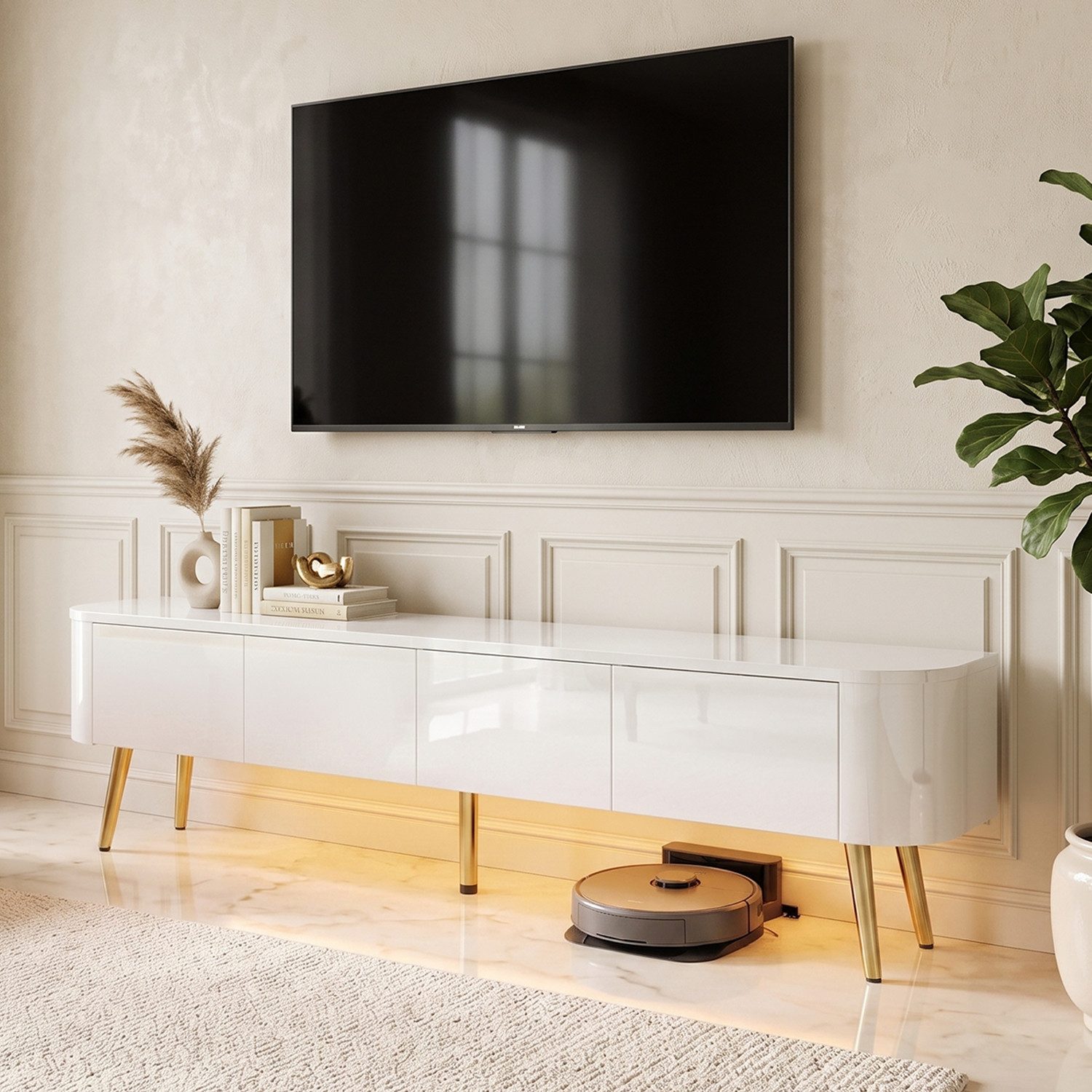 FUFU&GAGA Lowboard Hochglanz LED TV-Board, schwebend oder stehend, Goldene Füße