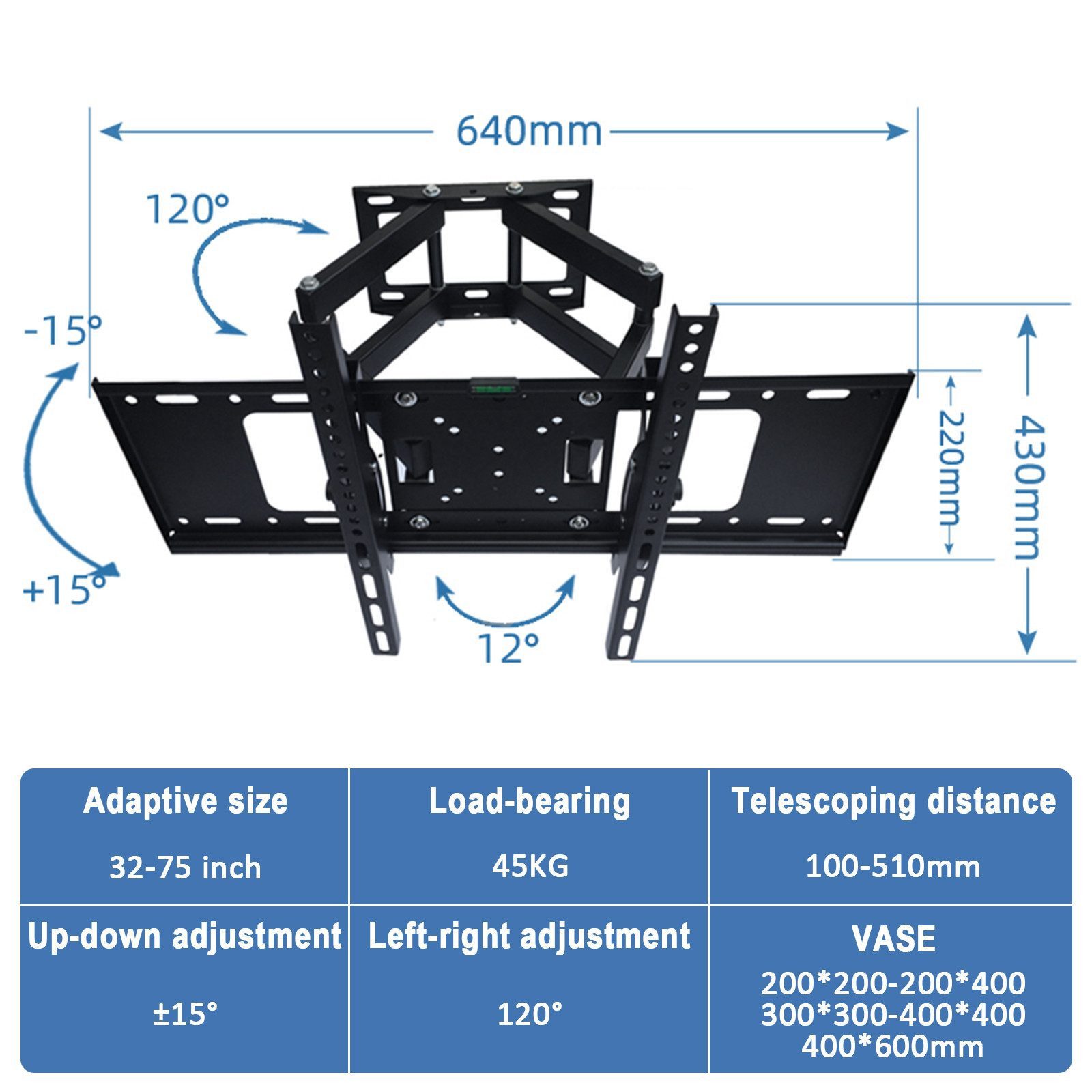 SunJas TV-Wandhalterung ZJ-502 für 32"-75" Fernseher&Monitor,43",50",55",65", (bis 75 Zoll, VESA bis zu 400*600 mm, ±15° Neigung, 120° Schwenk, bis zu 45kg TV-Halterung Schwenkbare Neigbare Flach&Curved Wandhalter)