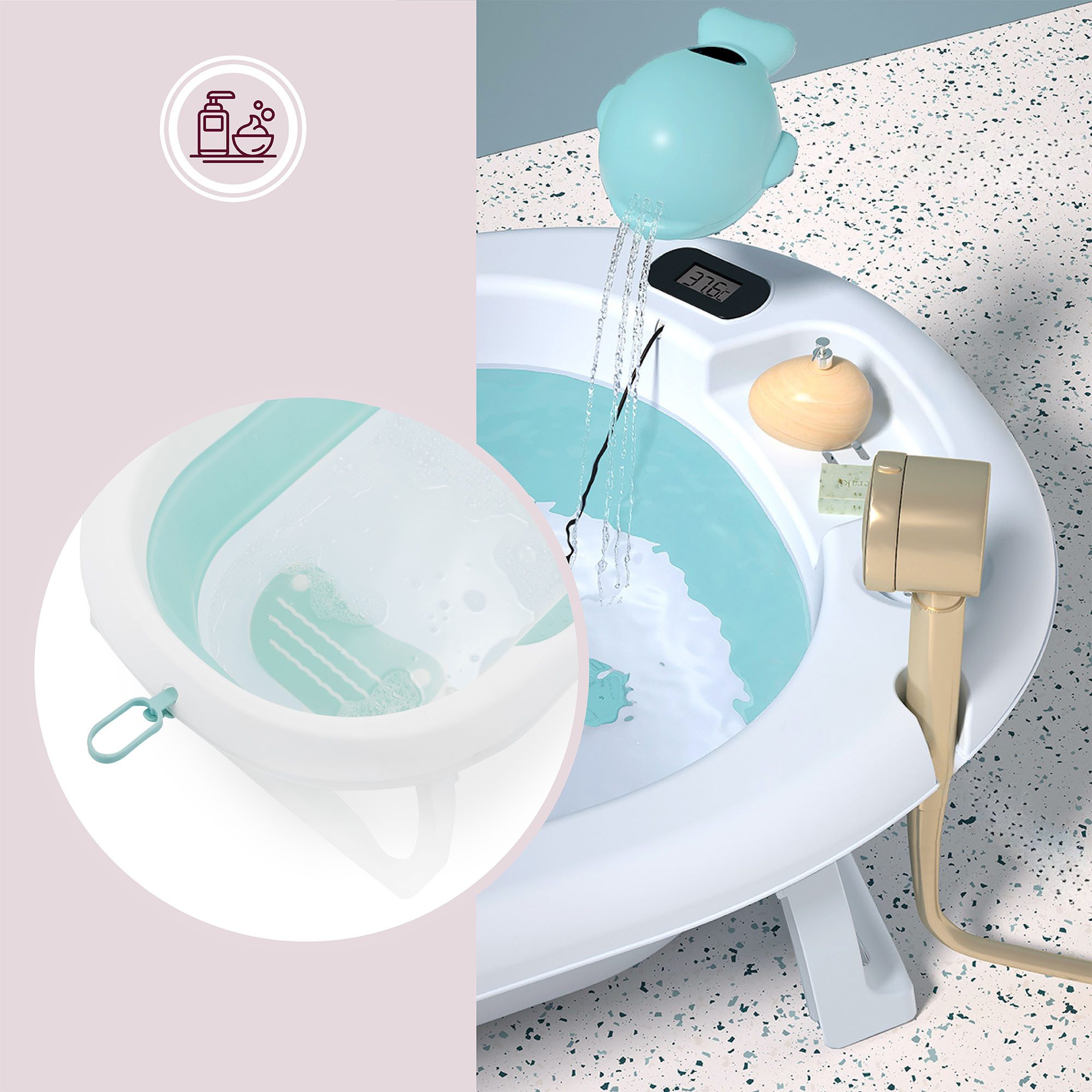 Moby-System Babybadewanne Faltbare Babywanne mit Thermometer und Ständer - Mint