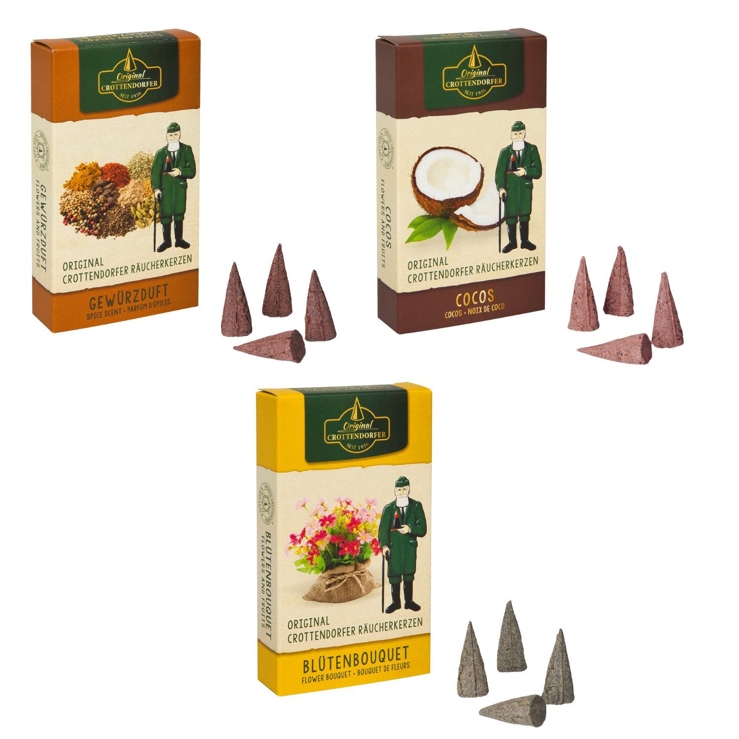 Crottendorfer Duftkerze 3er Set: Cocos / Gewürzduft / Blütenbouquet, je 24 Räucherkerzen der Größe M - Made in Germany