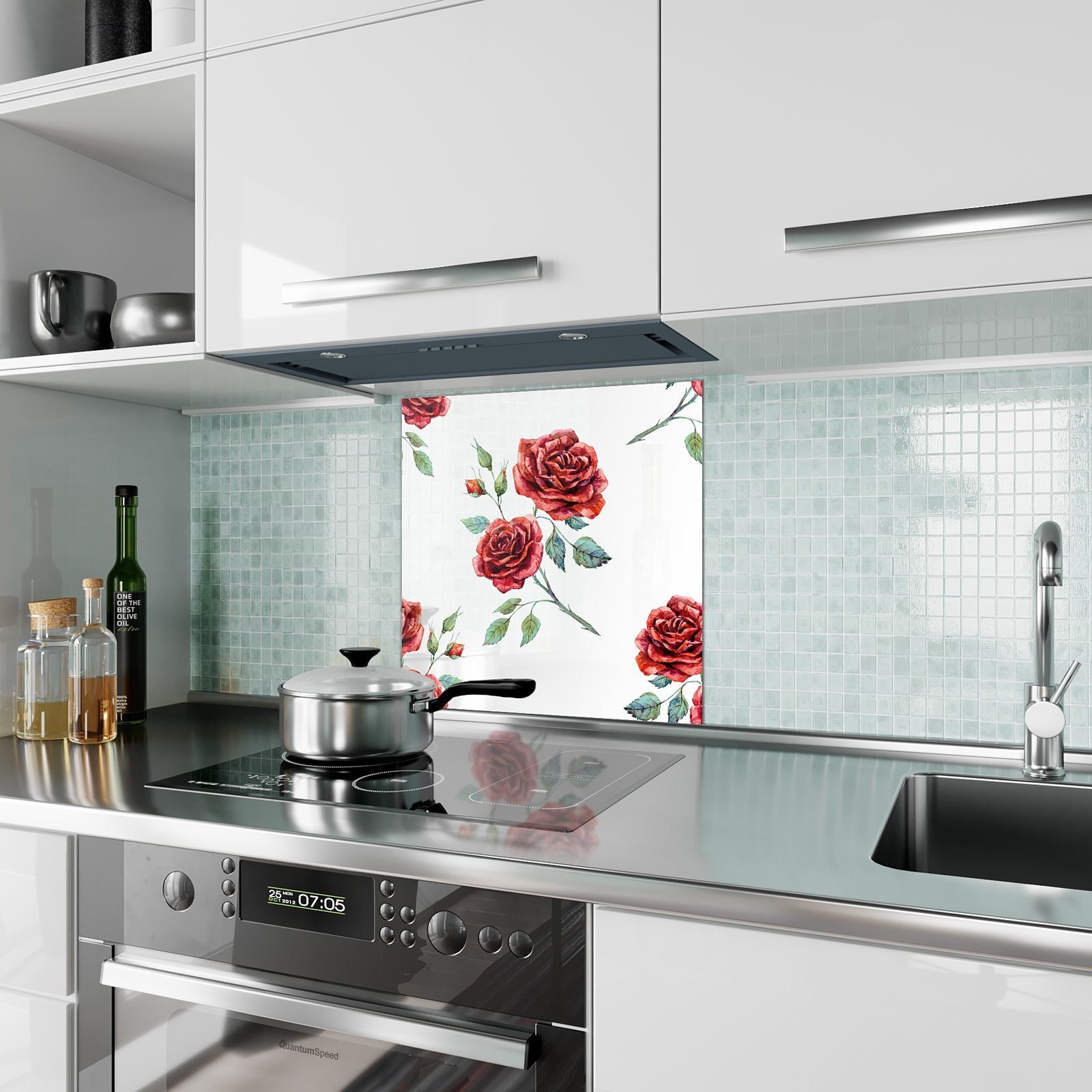 Küchenrückwand mit Küchenrückwand Rosen Muster Motiv Schöne Glas Primedeco Spritzschutz
