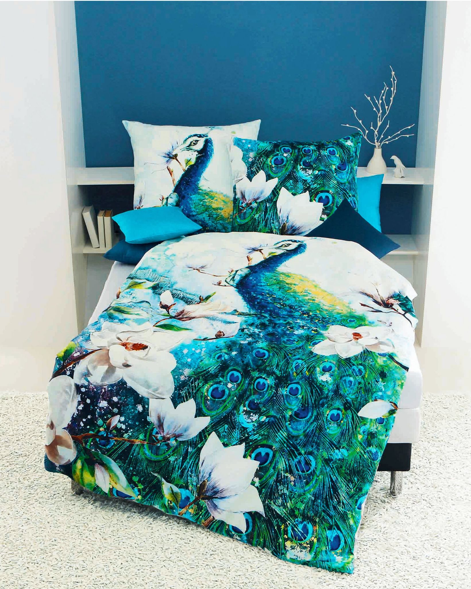 Kaeppel Wendebettwäsche 135x200cm Pfau Blau Grün Kaeppel, Mako-Satin, 2 tei günstig online kaufen