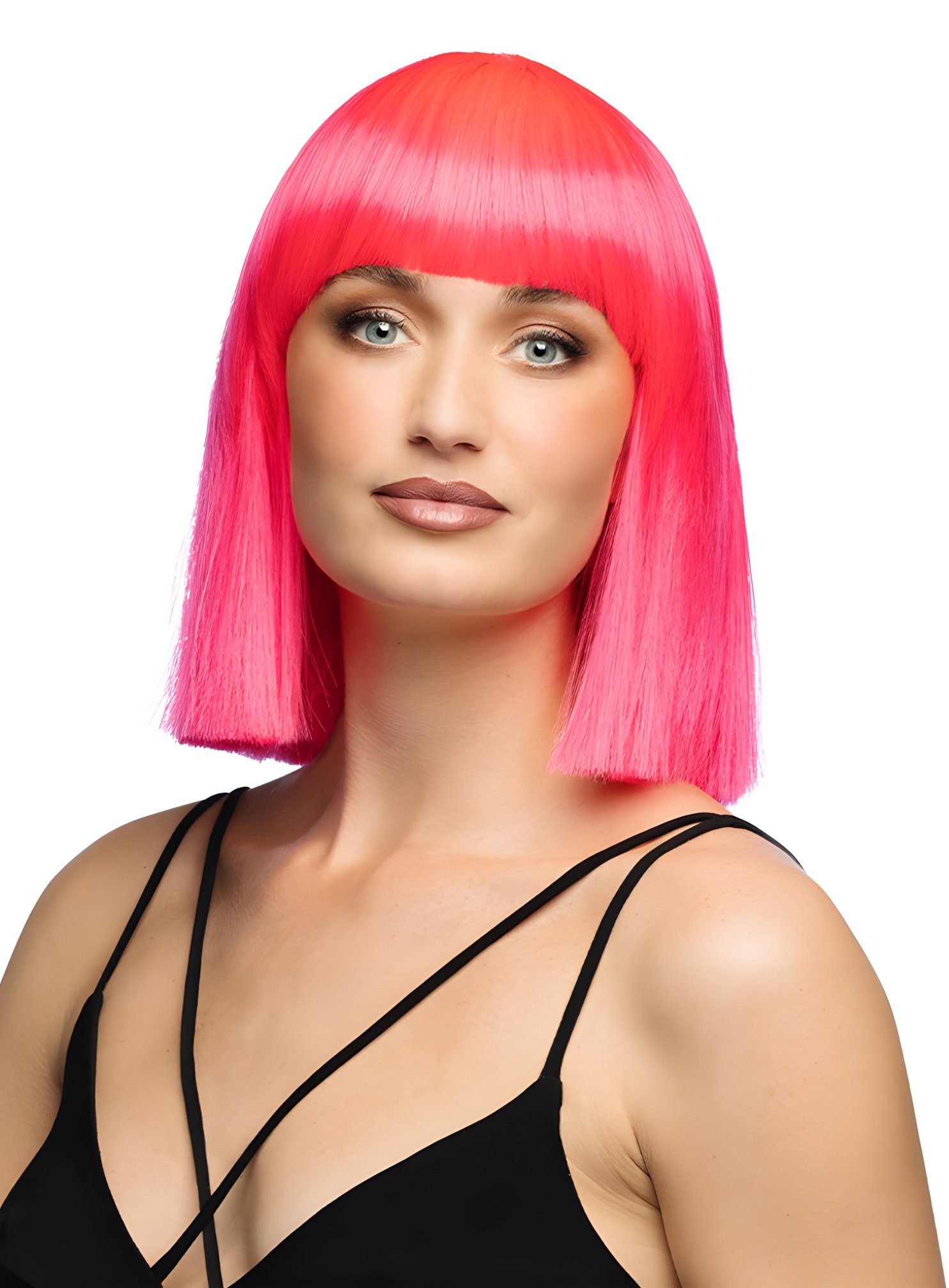 Boland Kostüm-Perücke Blunt Bob mit Pony Perücke grell-pink, Hochwertige Perücke mit glatter Kurzhaarfrisur