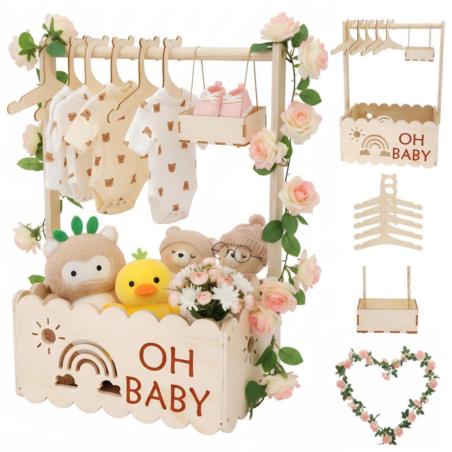 LuxusKollektion Holzkiste Baby Geschenkset Boho Holzkiste mit Kleiderbügel
