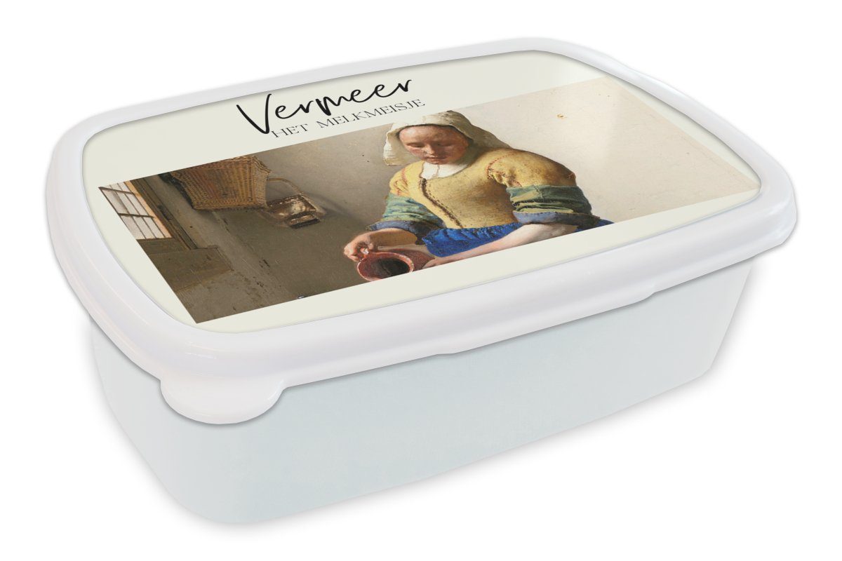 MuchoWow Lunchbox Milchmädchen - Vermeer - Alte Meister, Kunststoff, (2-tlg), Brotbox für Kinder und Erwachsene, Brotdose, für Jungs und Mädchen weiß