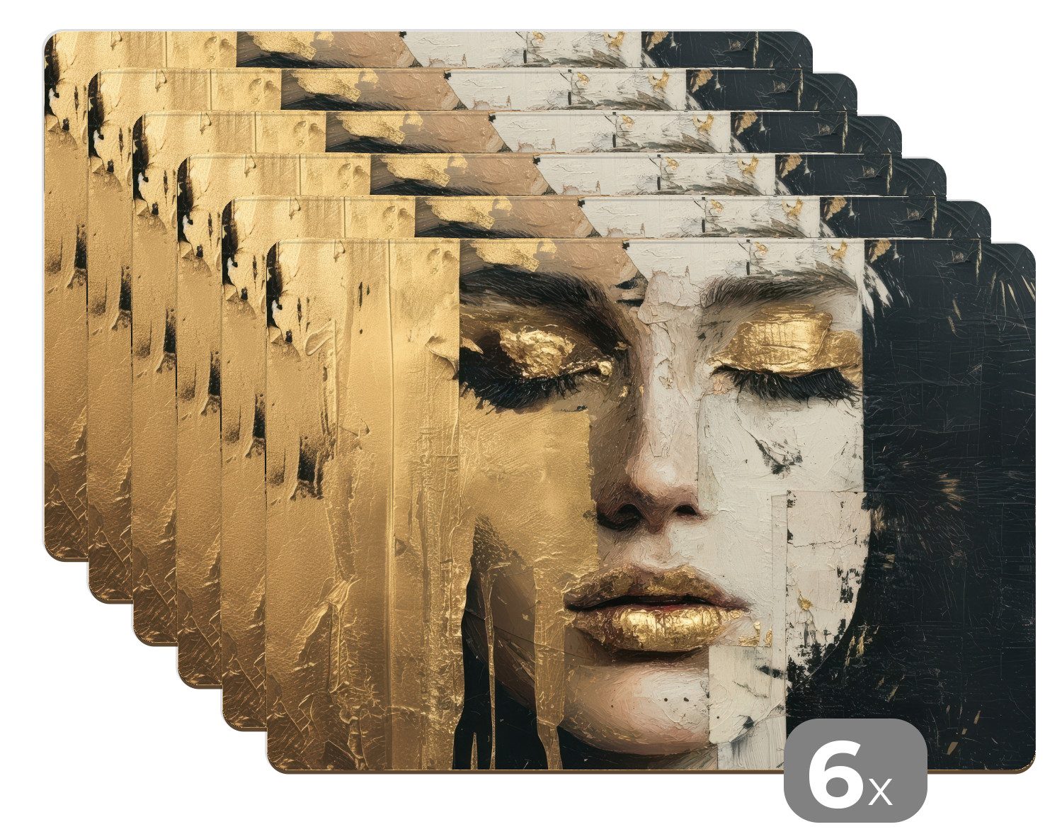 MuchoWow Platzset Abstrakt - Gold - Gesicht - Lippen, (6-St), Platzsets, Tischset, Abwaschbar, Tischsets, Platzdeckchen