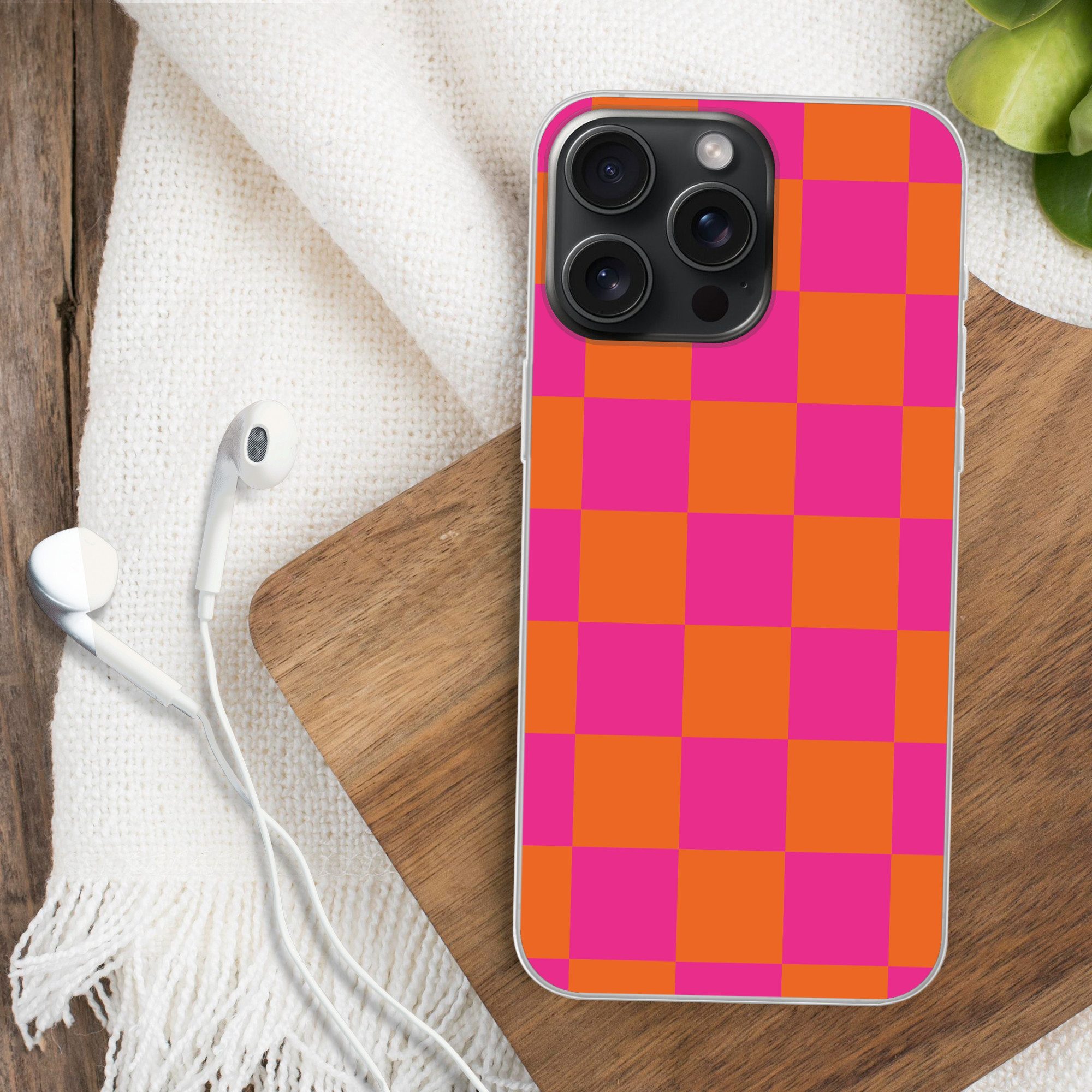 MuchoWow Handyhülle für Apple iPhone 15 Pro Max Schachbrettmuster - Orange - Rosa - Blöcke, Smartphone-Bumper, Print, Handy Schutzhülle Dünn