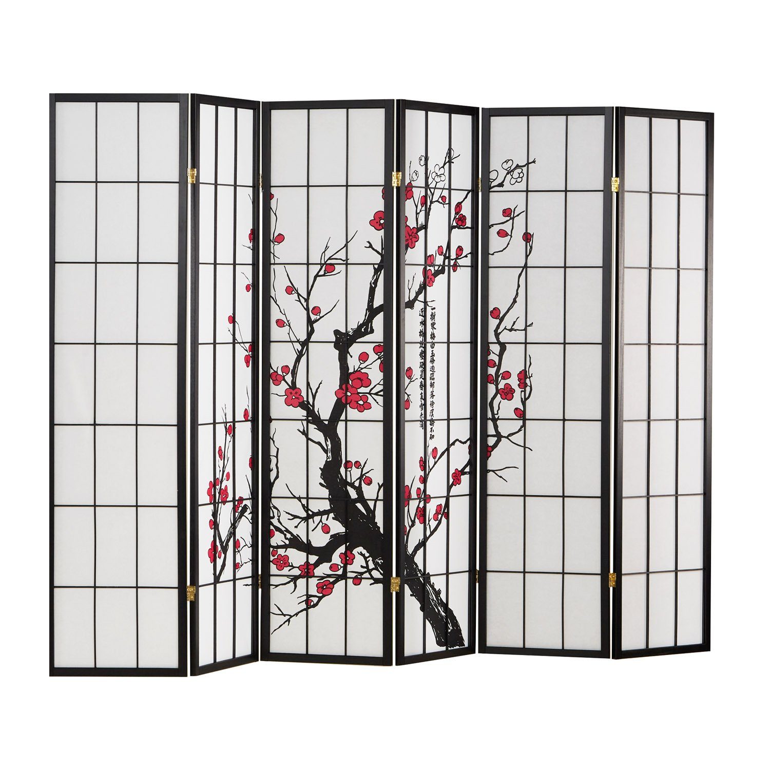 Homestyle4u Paravent Raumteiler Reispapier Weiß Kirschblüten Sichtschutz Schwarz Holz, 6-teilig
