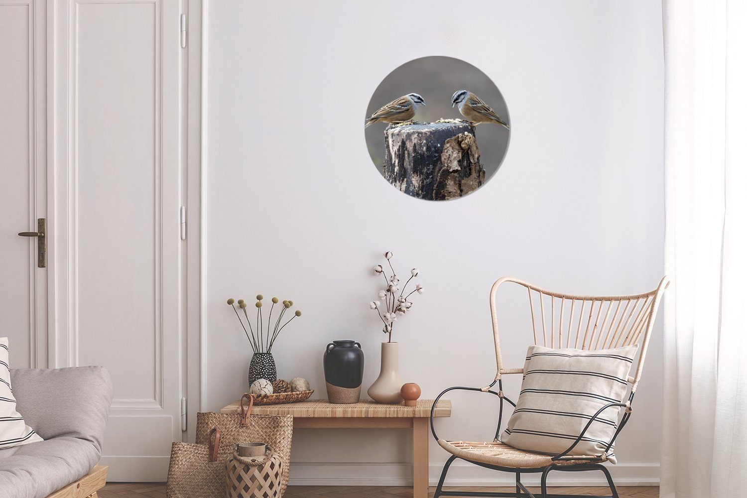 MuchoWow Gemälde Ein Paar Wanddekoration Vogels Rundes einem Wohnzimmer, des Holzstamm, Wandbild, cm Grauammer Forex, St), auf (1 Kreis 30x30