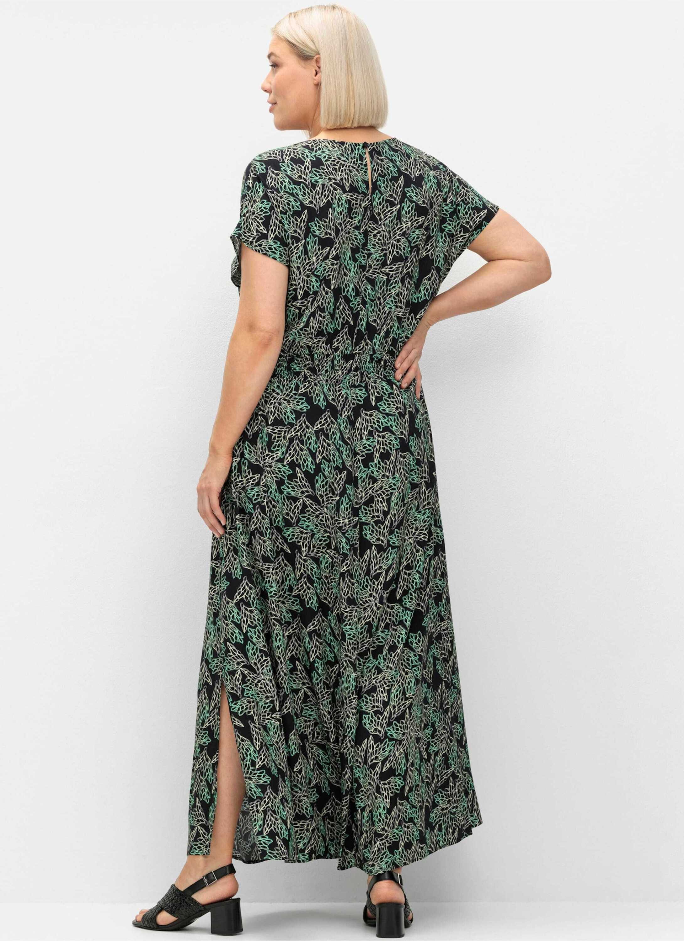 Sheego Etuikleid Maxikleid Kurzarm mit Alloverdruck und gesmokter Taille
