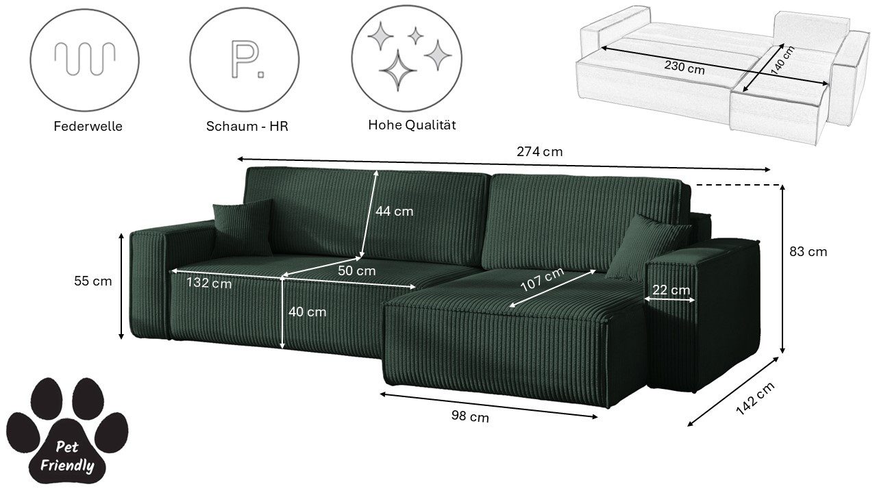 Kaiser Möbel Ecksofa mit schlaffunktion und bettkasten, BEST XL stoff Poso, Quelle, Verita, Mit Bettfunktion und Bettzeugfach