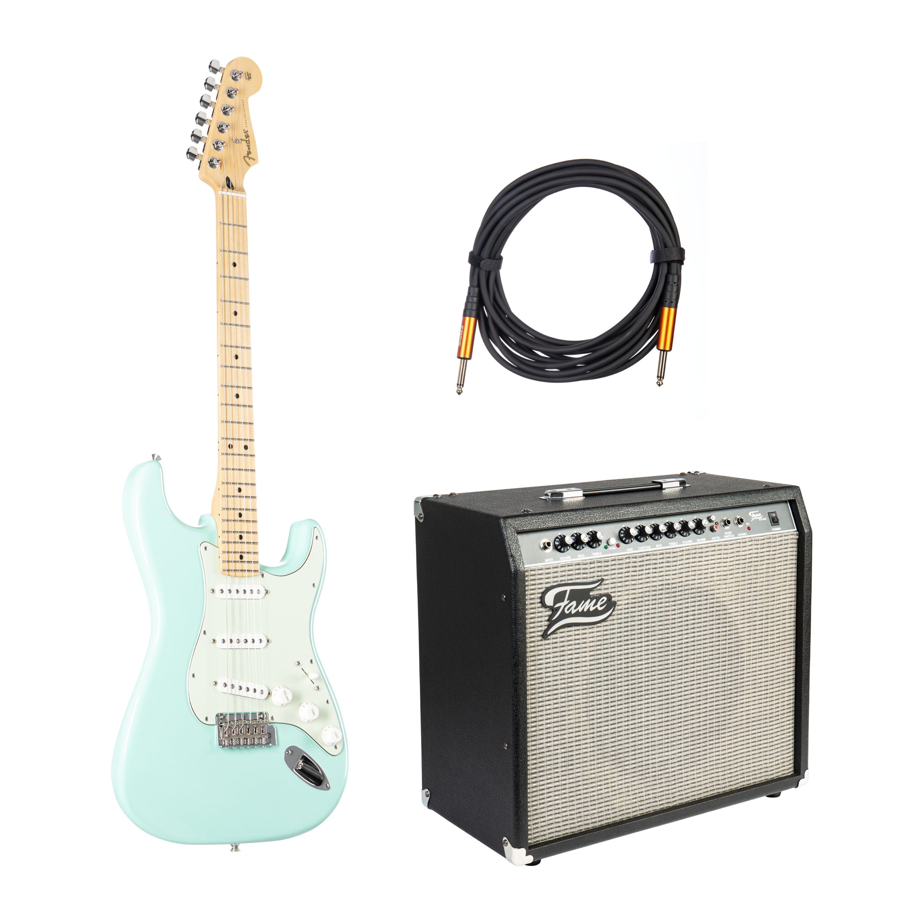 Fender E-Gitarre, Player Stratocaster Surf Green E-Gitarren Set Erle Korpus Ahorn Hals Alnico 5 Tonabnehmer 2-Punkt Tremolo Nickel/Chrom Hardware inklusive Gitarrenkabel und Verstärker, E-Gitarren, E-Gitarren-Sets, Player Strat MN SFG 13 - E-Gitarren Anfänger Set