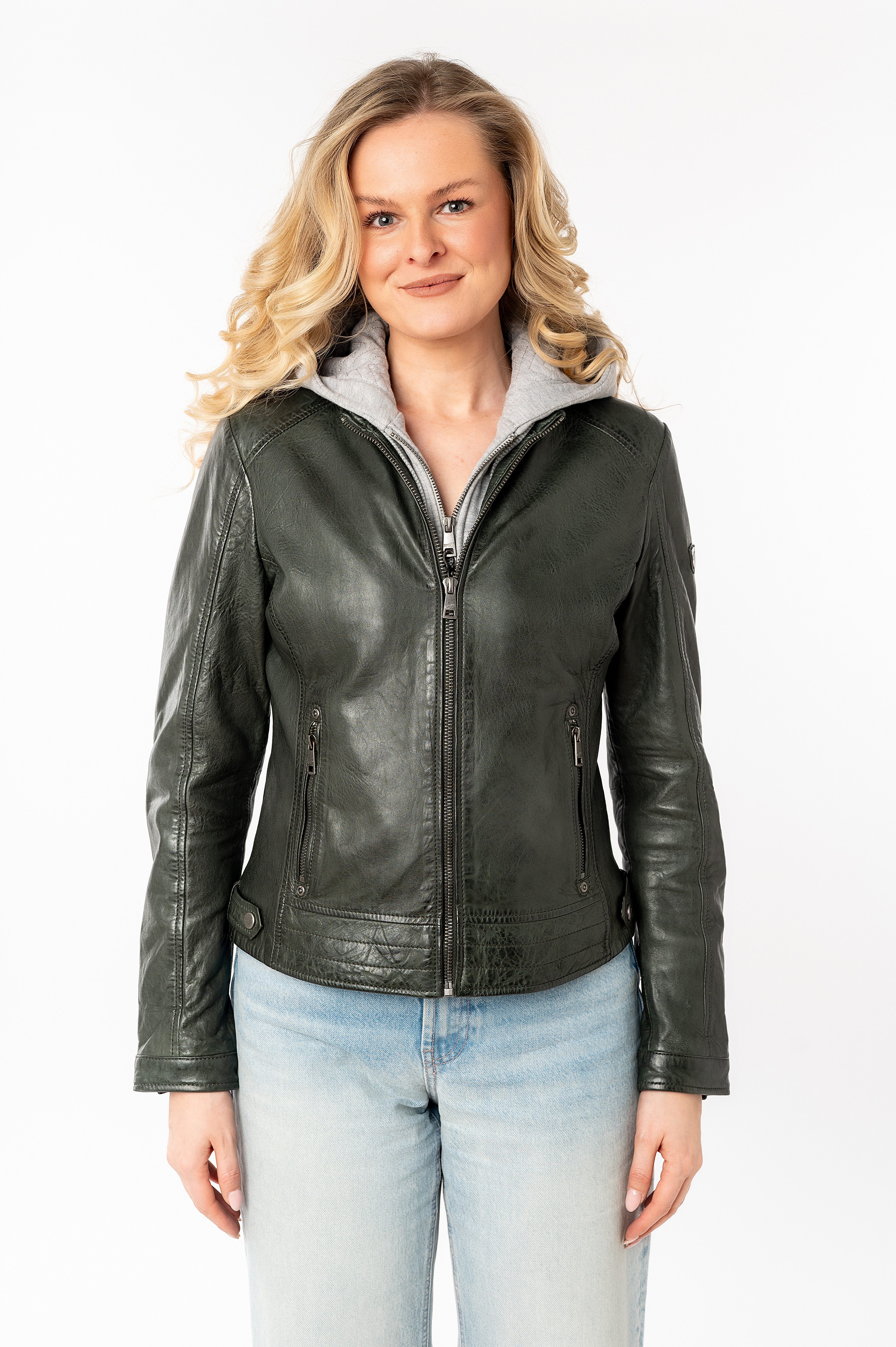 Mauritius Lederjacke MWAleni mit Jerseykapuze und Stehkragen