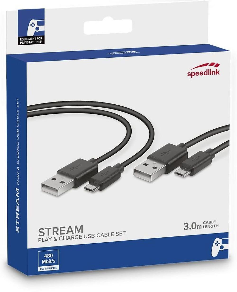 Speedlink STREAM Play & Charge Cable SET, schwarz USB-Kabel, USB-A, Mikro-USB, Ladekabel für PS4 Controller, 2er-Set