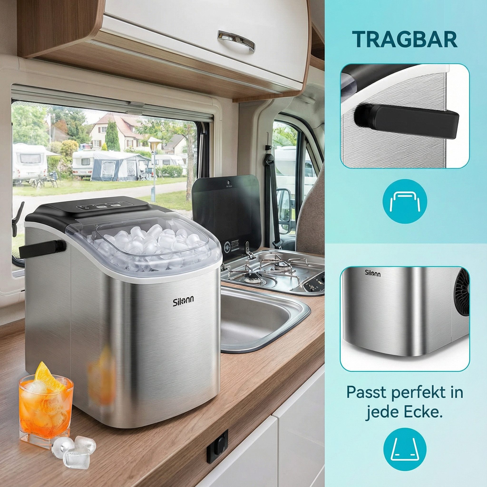 Silonn Eiswürfelmaschine Tragbar Eiswürfelbereiter – 6-minütige Eisherstellung, 2 Eisgrößen, 12kg/Tag, Selbstreinigend, LED-Anzeige – Für Haushalt, Camping & Party