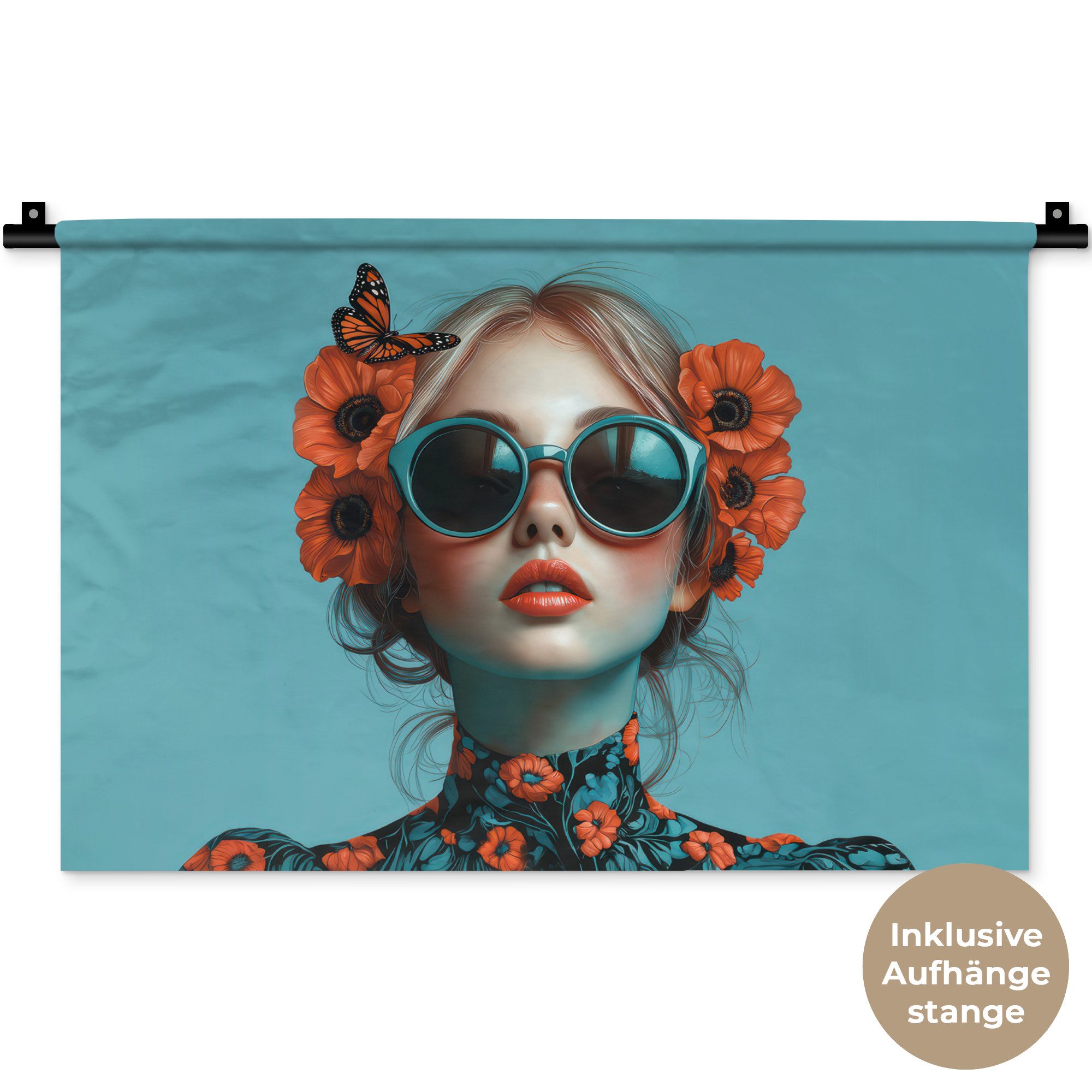 MuchoWow Wandteppich Frau - Blau - Schmetterling - Floral - Ästhetisch, Rechteckig, Höhe: 3 mm, Wandteppich für Wohnzimmer, Schlafzimmer, 60x40 cm