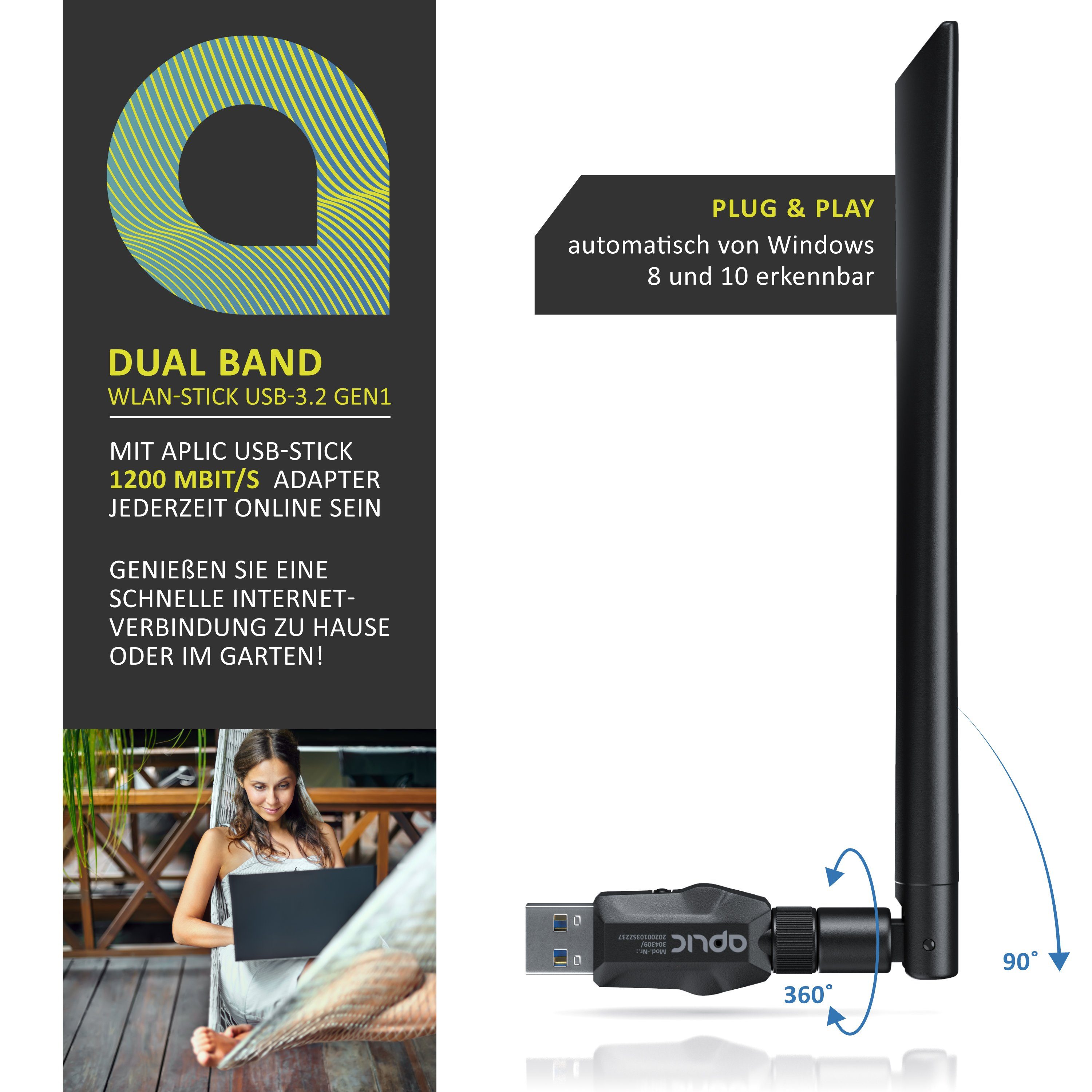 Aplic WLAN-Stick WIFI Adapter 1200MBit/s, 2,4Ghz + 5Ghz Dual Band, externe Antenne, USB 3.2 Gen.1 Netzwerk Dongle, für PC Desktop Laptop, auch Windows 11