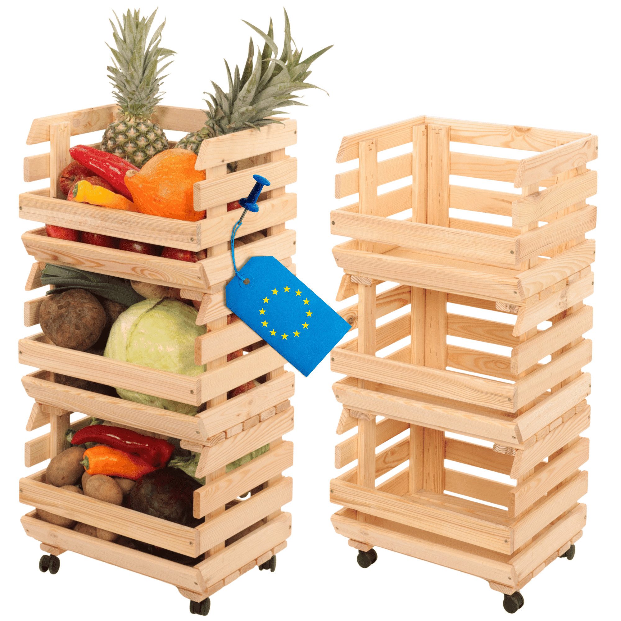 Modo24 Küchenregal Modular Holzregal für Gemüse Obst auf Rollen, Stapelbares Regalsystem, Kartoffelsteige, Küchenregal, Vorratsregal, Gemüseregal, 3 Farben