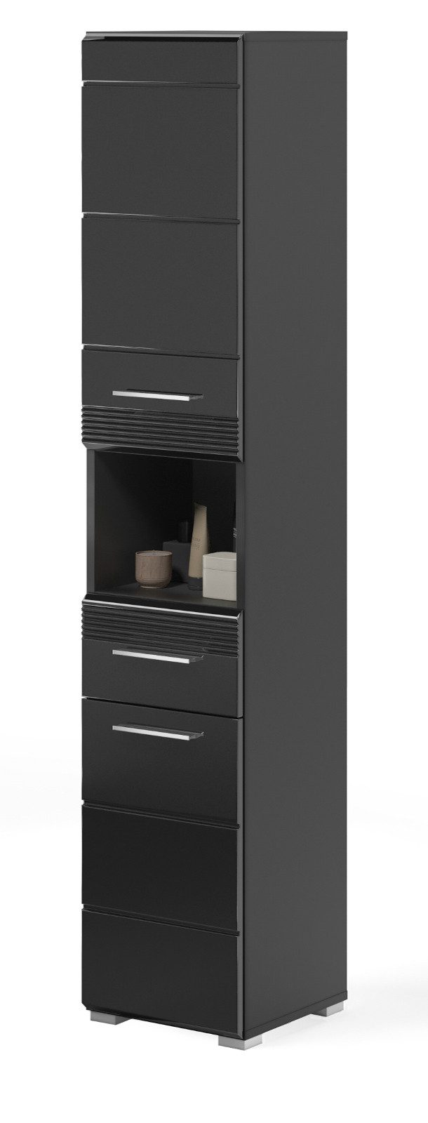 Inn.Furn Hochschrank Leon (Badschrank in schwarz 2-türig mit Schublade, 30 x 182 cm) Hochglanz