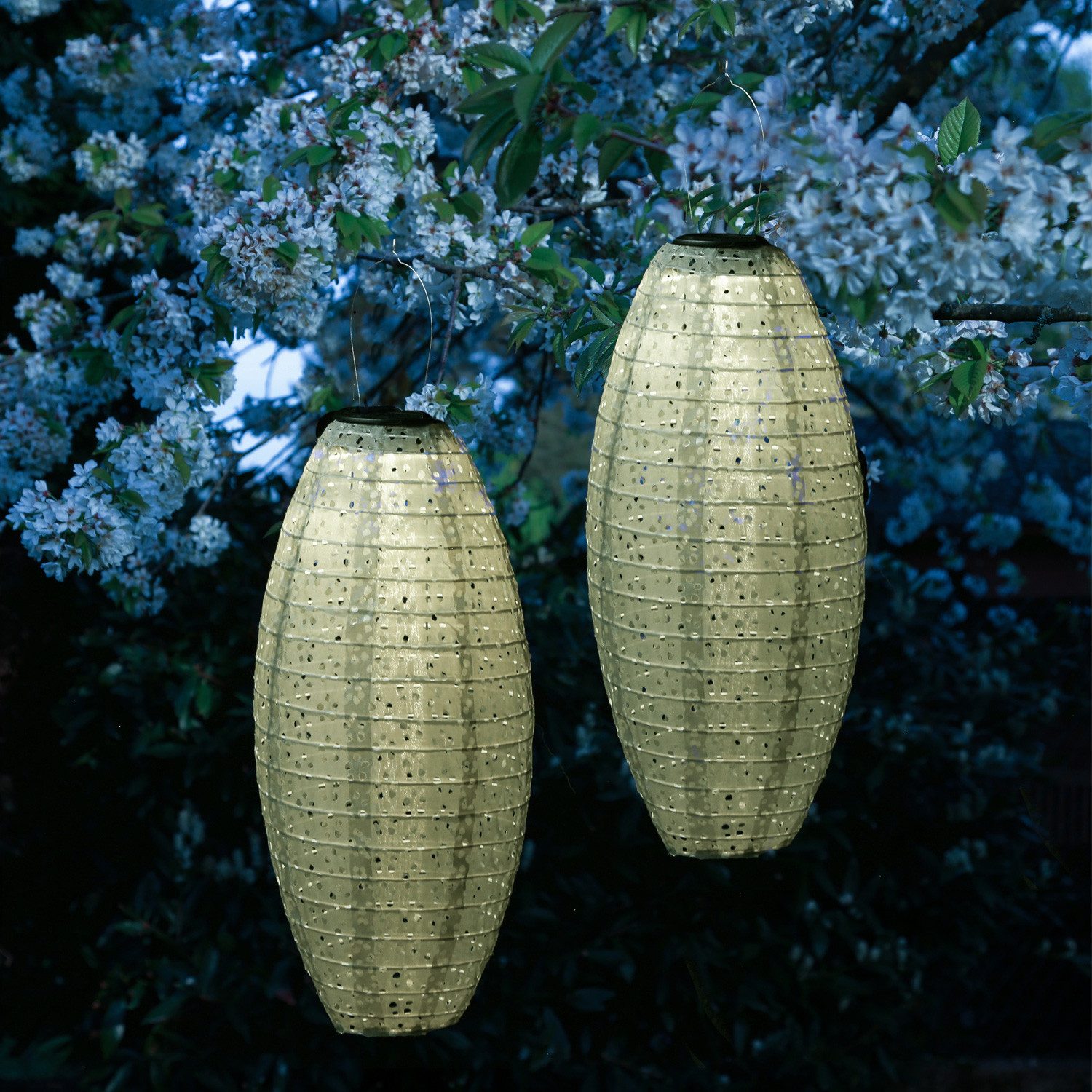 MARELIDA LED Lampion Solar Gartenlampions oval Blumenmuster grün 40cm Balkon Terrasse 2St., LED Classic, warmweiß (2100K bis 3000K)