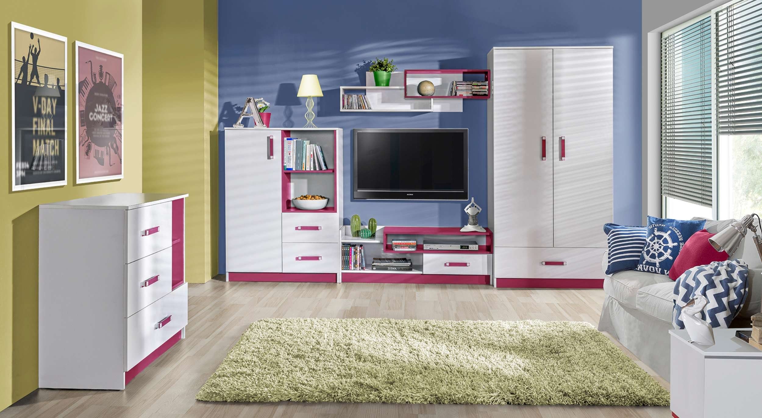 Stylefy Jugendzimmer-Set Taira I, (Komplett-Set, (Set, 5-St), bestehend aus 2xKommode, 1xWandregal, 1xLowboard, 1xKleiderschrank, variabel stellbar, für Kinder Weiß - Rosa