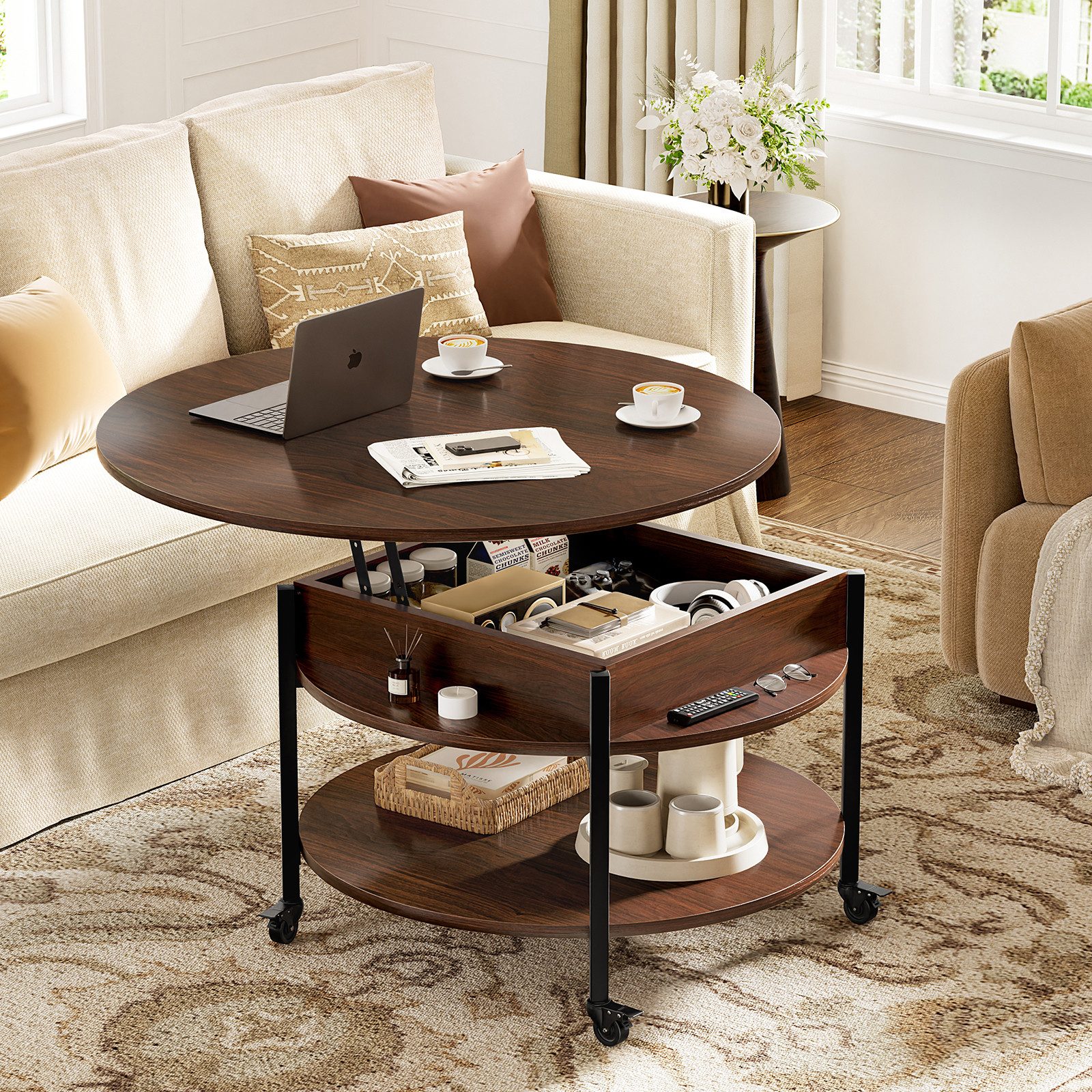 FABATO Couchtisch Runder Couchtisch mit Höhenverstellung, Rädern und Staufach (1-St), ideal für Wohnzimmer, in Braun
