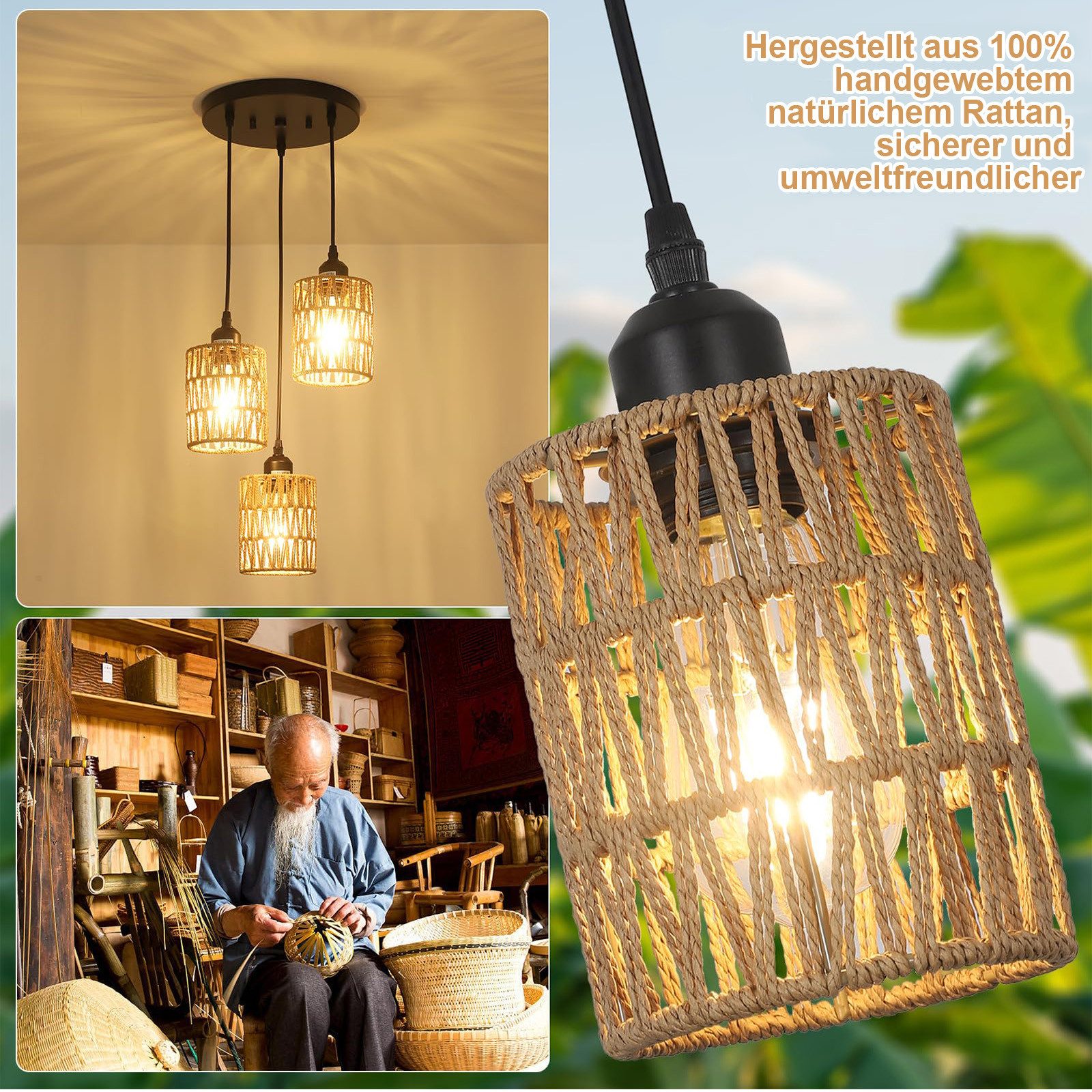 LMaxhome Pendelleuchte Hängeleuchte Rattan,Boho Pendelleuchte 3-flammig günstig online kaufen