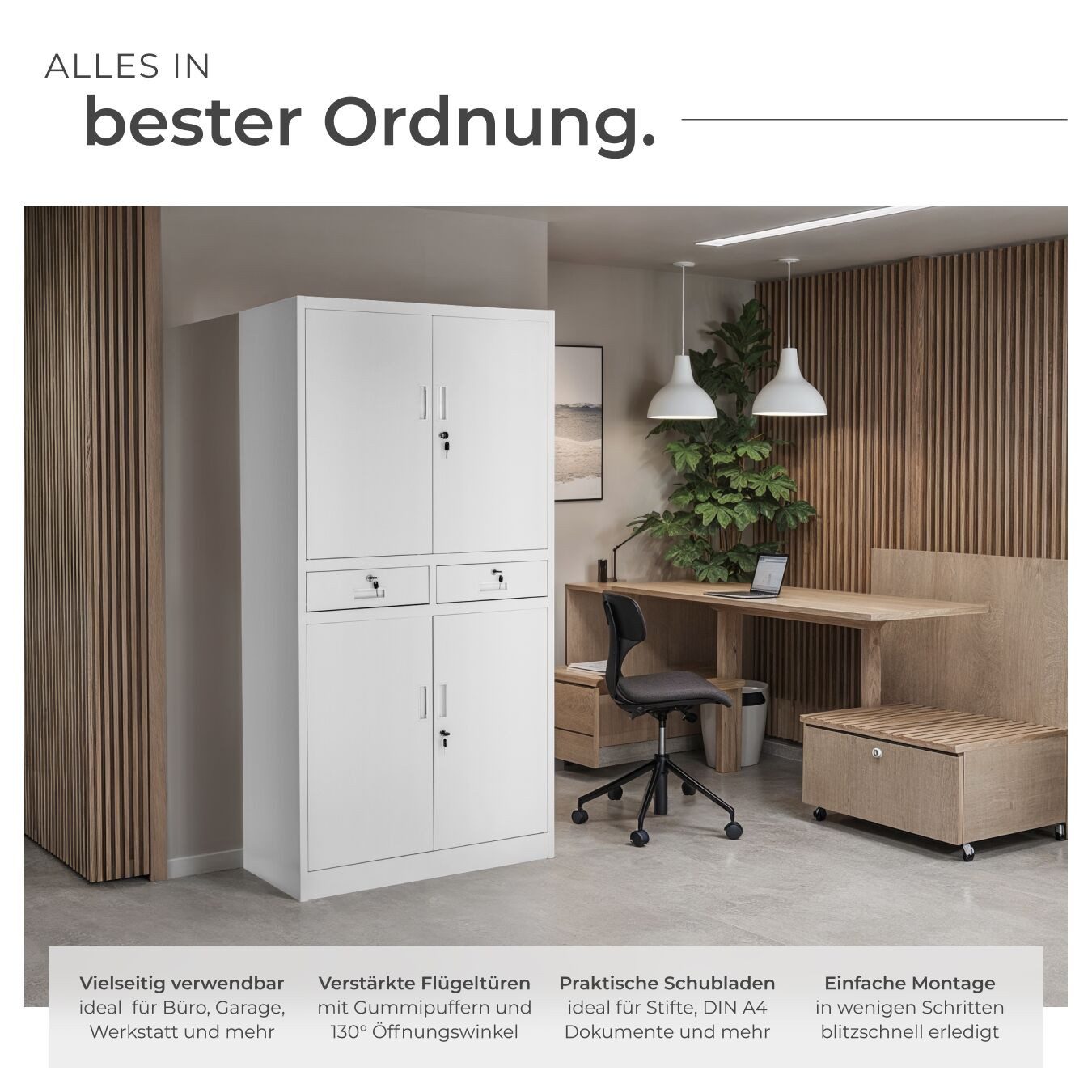 tectake Aktenschrank Geräumiger Stahlschrank mit 2 Schubladen (Aktenregal, 1-St., in hellgrau) Verstärkte Flügeltüren mit geräuschdämpfenden Puffern – Bild 3 von 5