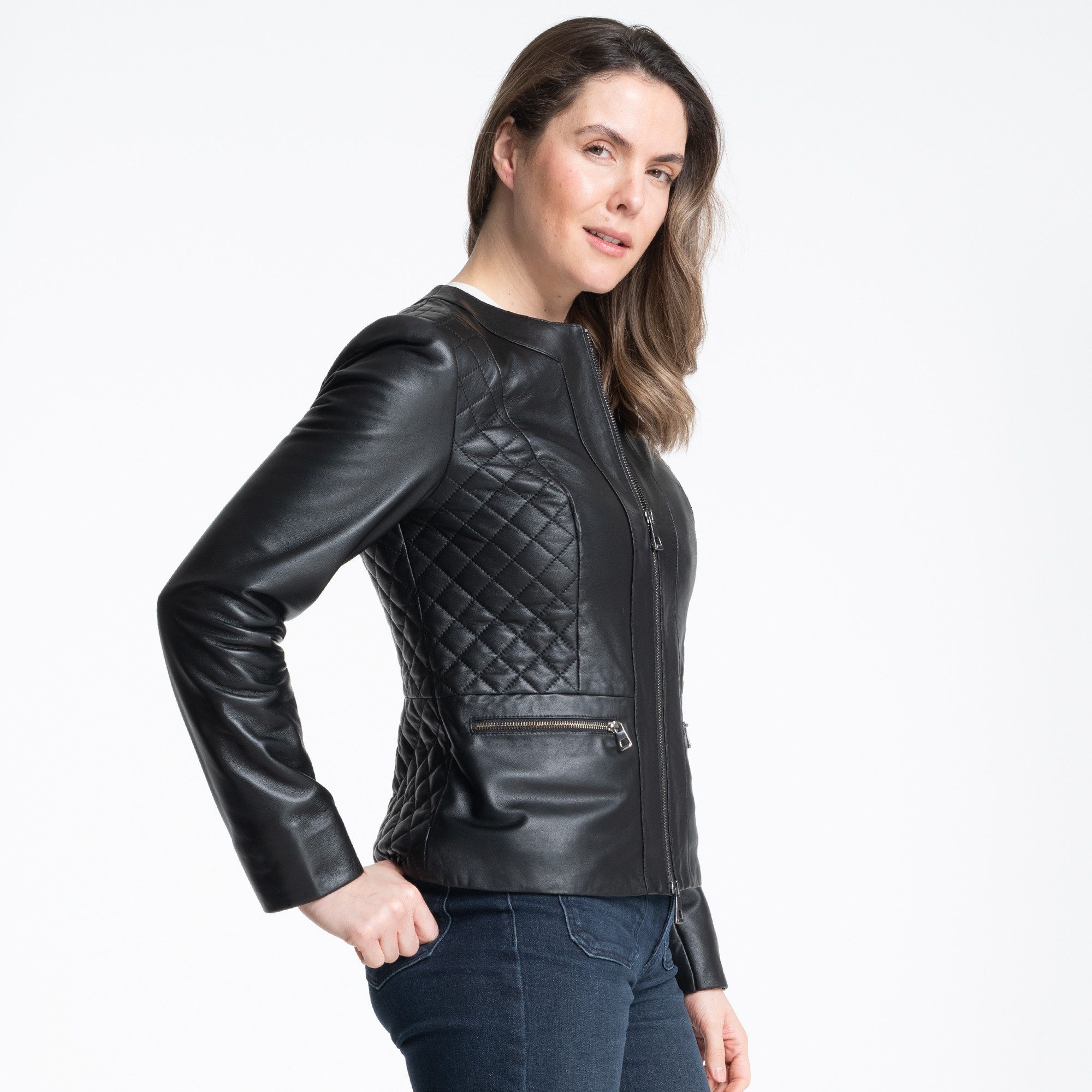 Mouflon Lederjacke Mila Aus feinem Echtleder 2-Wege-Zipper Rautenmuster runder Ausschnitt