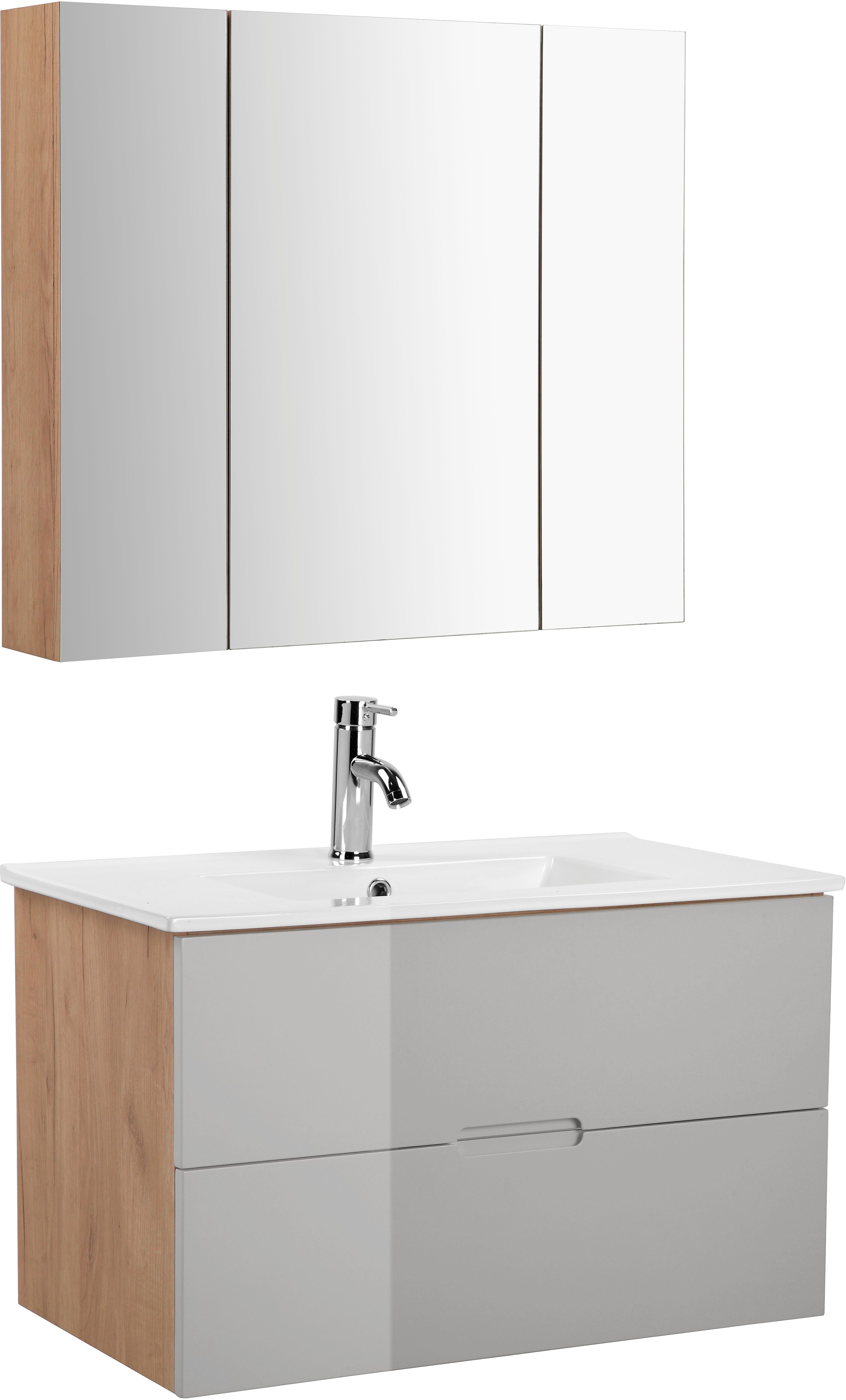 welltime Badmöbel-Set Lund Badmöbel Set Badschrank Badezimmerset, (Komplett-Set, 3-St), Waschtisch, Spiegelschrank und Becken Breite 80cm