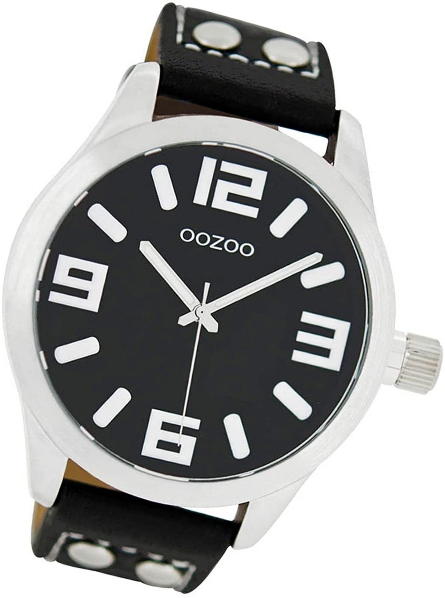OOZOO Quarzuhr Oozoo Leder Damen Uhr C1054 Analog, Damenuhr Lederarmband schwarz, rundes Gehäuse, extra groß (ca. 46mm) | Quarzuhren