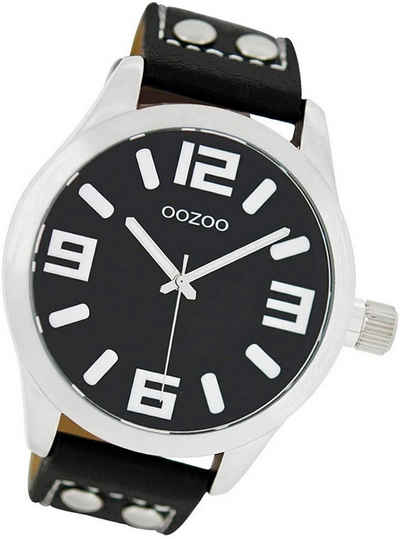 OOZOO Quarzuhr Oozoo Leder Damen Uhr C1054 Analog, Damenuhr Lederarmband schwarz, rundes Gehäuse, extra groß (ca. 46mm)