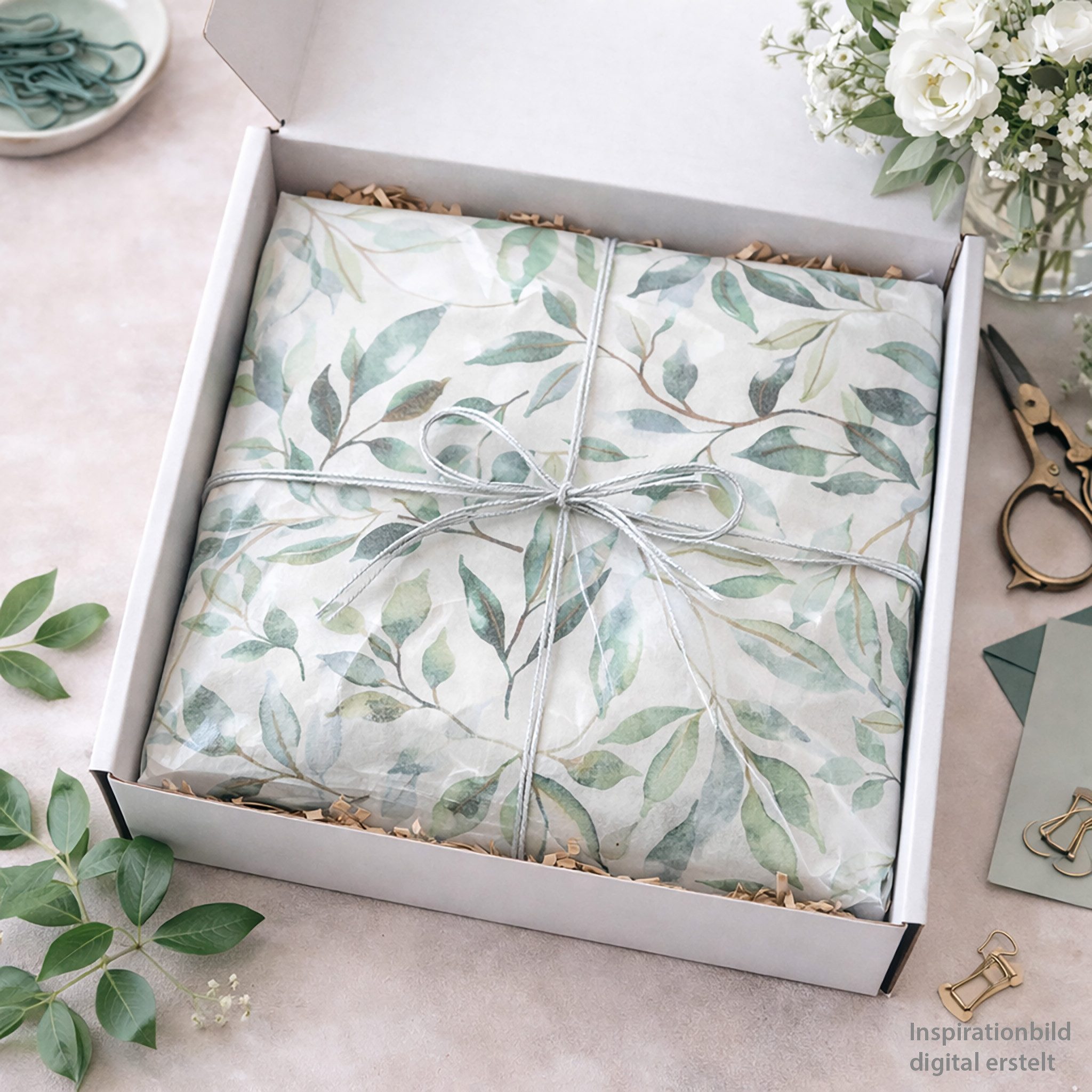 Star Seidenpapier, Seidenpapier 50x75cm Eukalyptus Blätter Motiv 25 Blatt Weiß / Grün