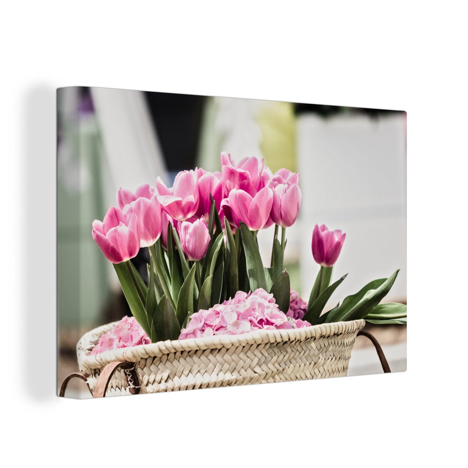 OneMillionCanvasses® Leinwandbild Strauß lila Tulpen in einem Weidenkorb, (1 St), Wandbild Leinwandbilder, Aufhängefertig, Wanddeko, 30x20 cm