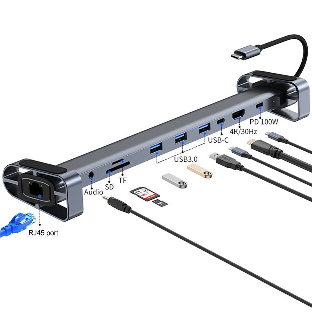 Bolwins H36C 10in1 USB C Hub Docking station HDMI RJ45 USB 3.0 Audio SD/TF PC USB-Adapter USB-C Stecker zu HDMI USB 3.0 USB-C (PD) RJ45 SD TF (MicroSD) 3,5 mm Klinke, 15 cm, 10-in-1 USB-C Hub mit HDMI 4K, 100W PD, RJ45, Kartenleser