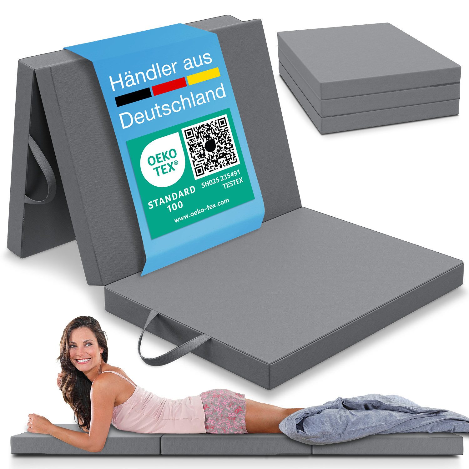 Klappmatratze, Gästematratze klappbar, Bandscheibenwürfel, Reisematratze, Gästebett, ELONEO, 8 cm hoch, waschbarer Bezug, geeignet für Hausstauballergiker, schadstoffgeprüft