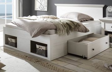 Furn.Design Einzelbett Hooge (Bett in Pinie weiß gekälkt, Liegefläche 140 x 200 cm), inkl. 2x Bettschubkasten, Landhausstil modern